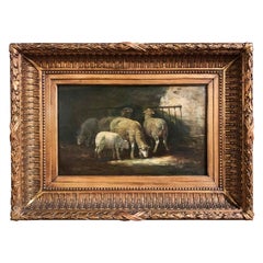 Antique 19th Century French Signed Oil on Board Sheep Painting in Carved Gilt Frame 