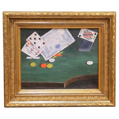19th Century French Signed Still Life Painting of Playing Cards and Casino Table
