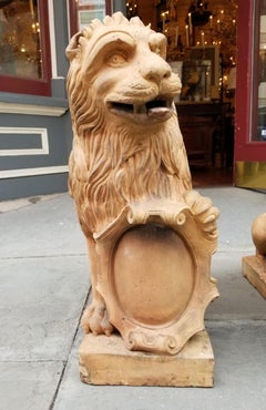 19th Century French Signed Terracotta Standard-Bearer Armorial Lions