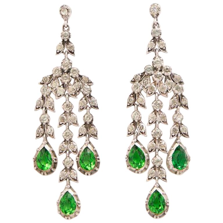 19th Century French Silver and Clear & Emerald Paste Girandole Earrings C.1880s For Sale