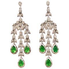 Antique 19th Century French Silver and Clear & Emerald Paste Girandole Earrings C.1880s