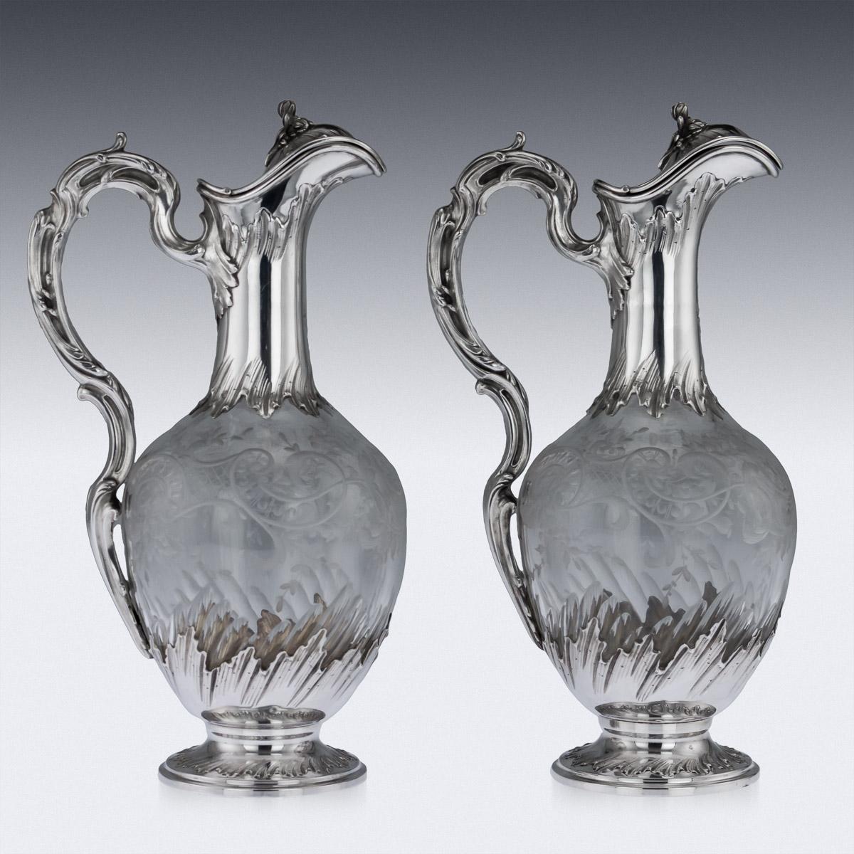 19th Century French Silver and Glass Pair of Claret Jugs, circa 1890 1