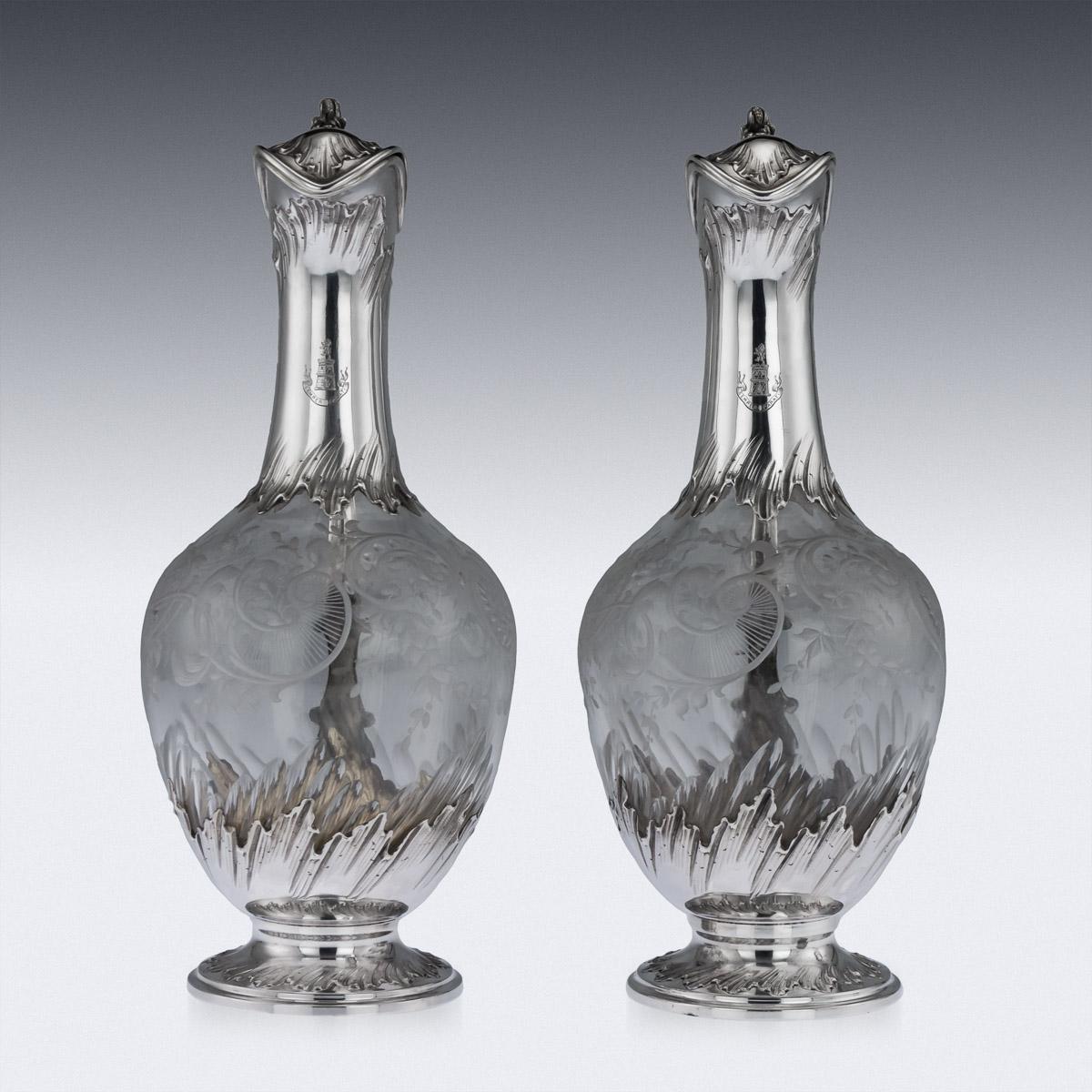19th Century French Silver and Glass Pair of Claret Jugs, circa 1890 2