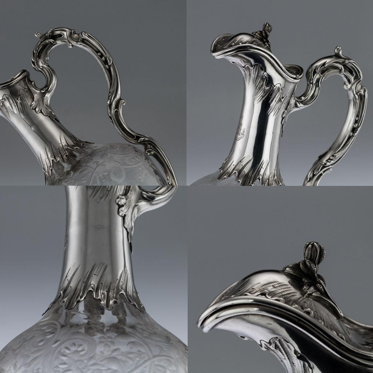 19th Century French Silver and Glass Pair of Claret Jugs, circa 1890 5