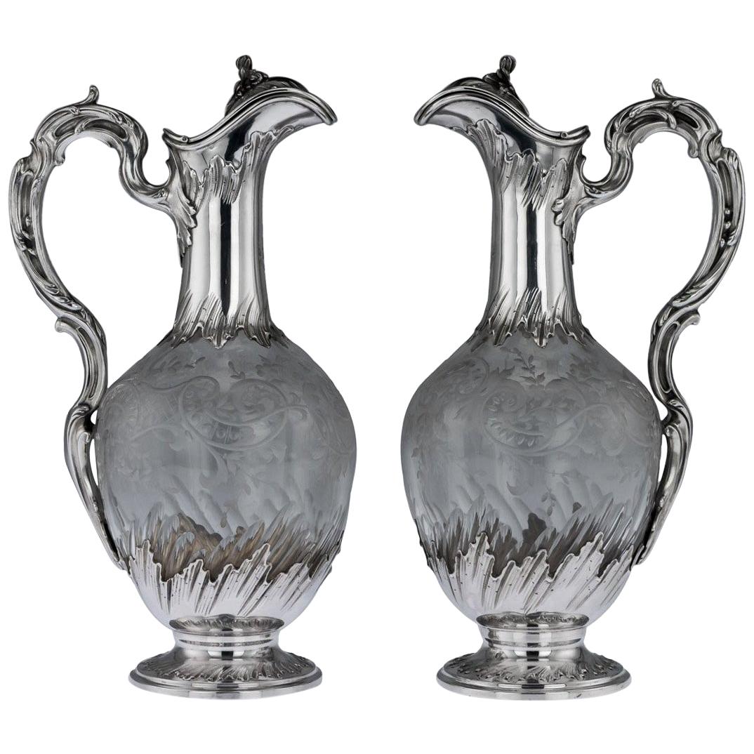 19th Century French Silver and Glass Pair of Claret Jugs, circa 1890