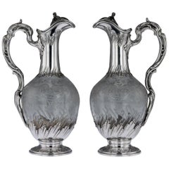 19th Century French Silver and Glass Pair of Claret Jugs, circa 1890