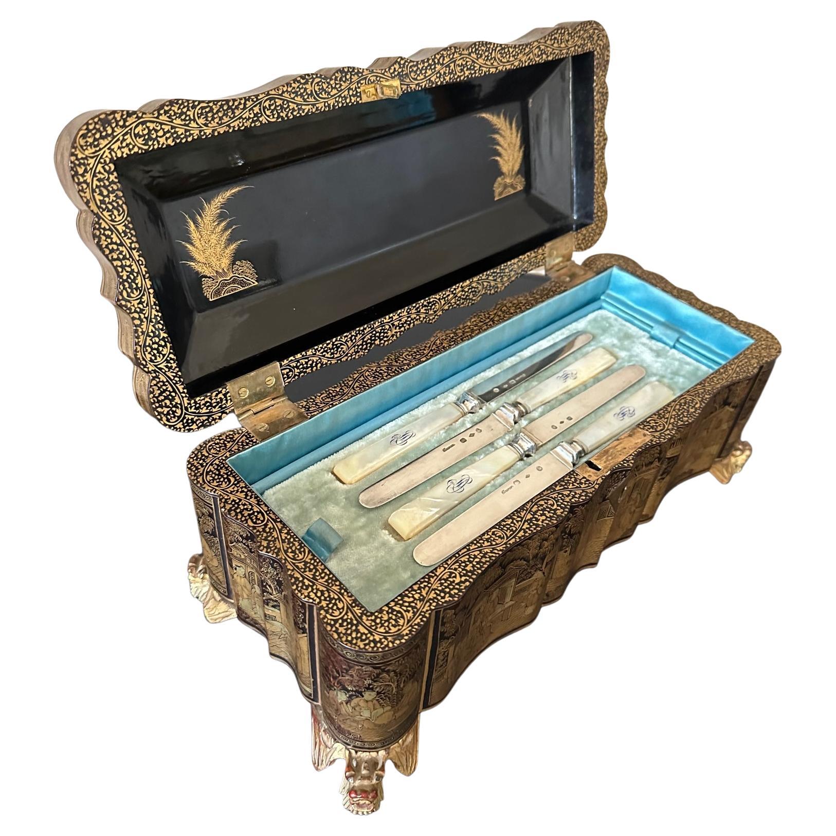 19th century French Silver and Mother-of-pearl Cheese Knives Box, 1850s For Sale