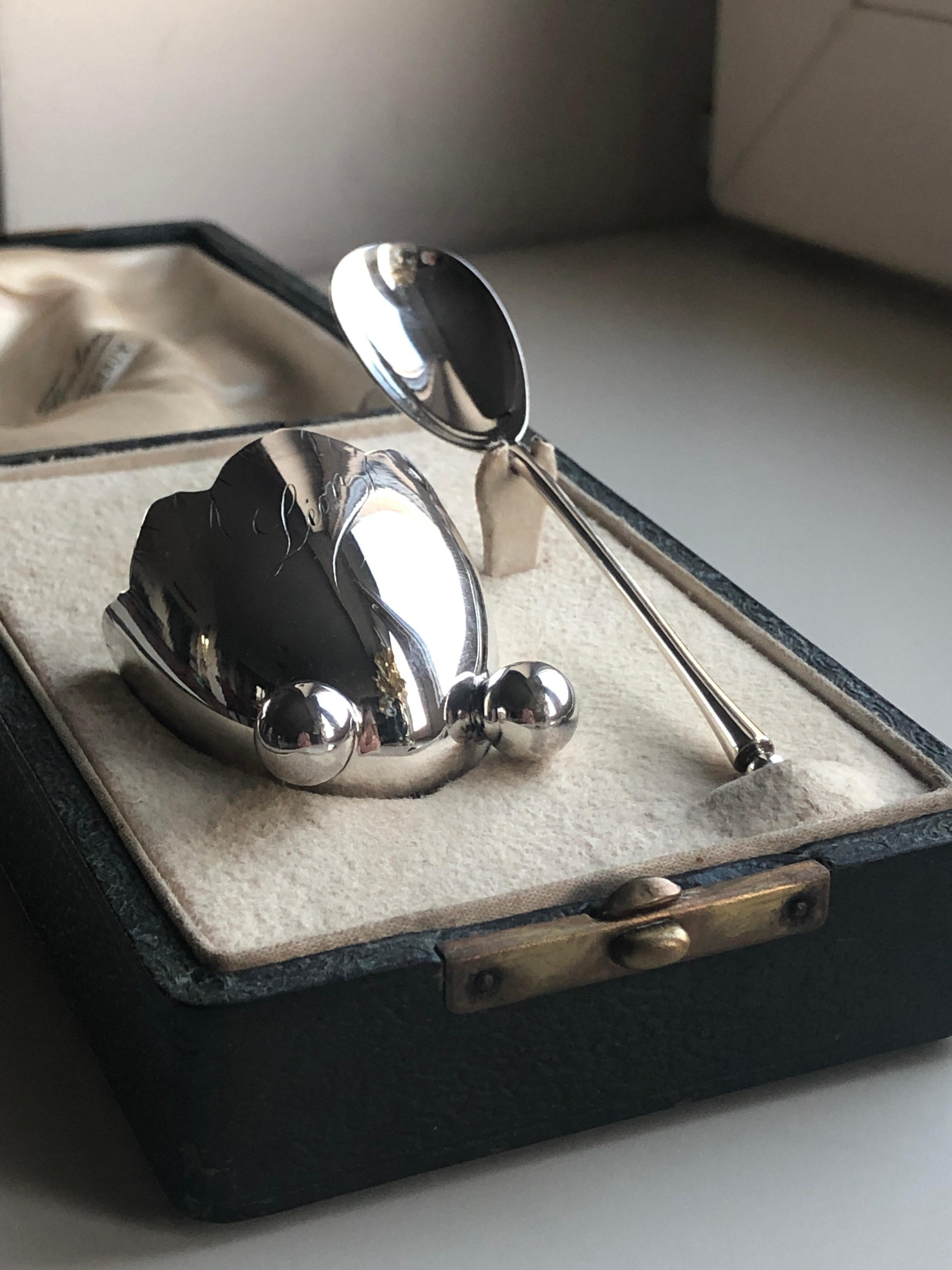 19th Century French Silver Egg Cup and Spoon in Original Box Marked 
