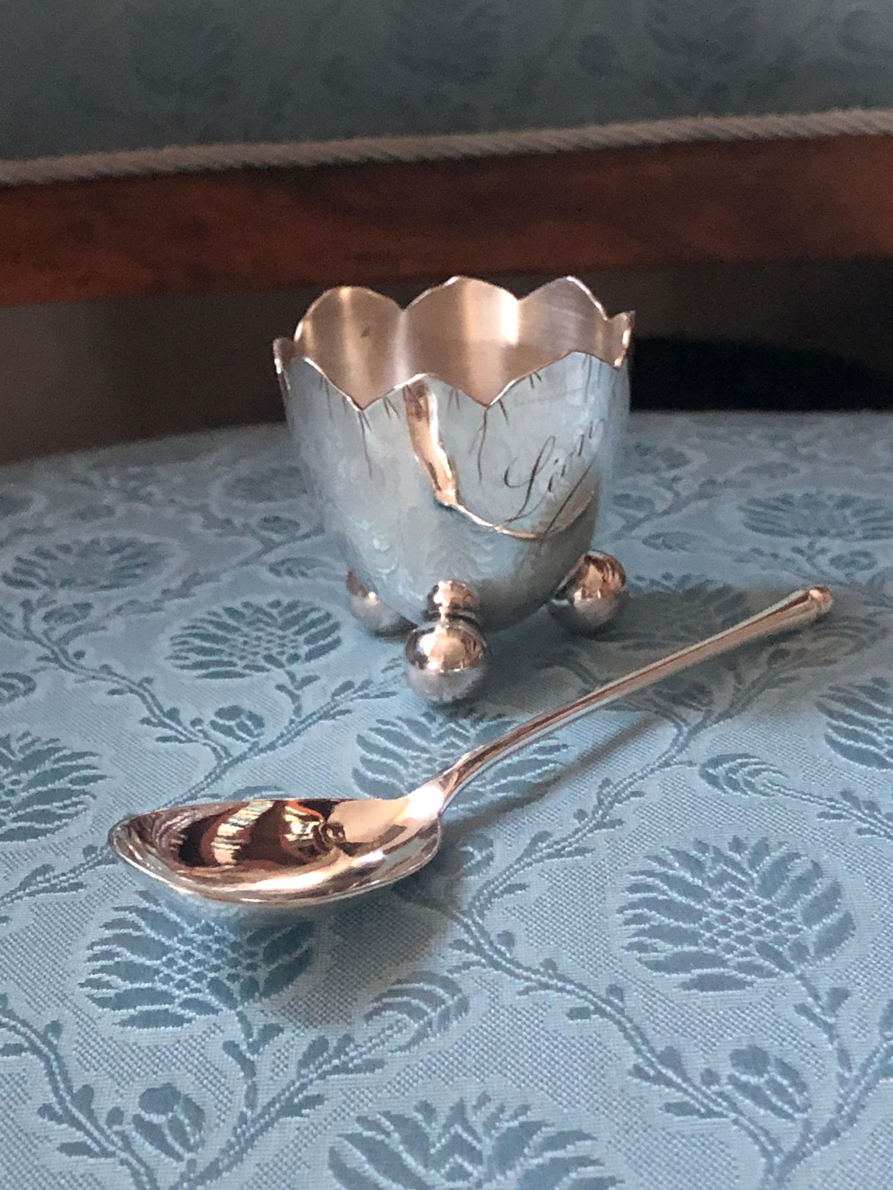 19th Century French Silver Egg Cup and Spoon in Original Box Marked 