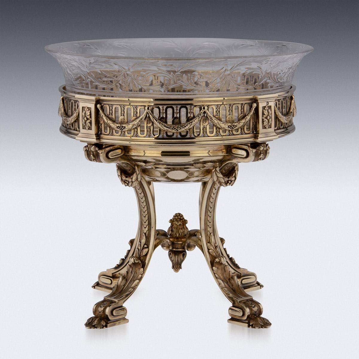 19th Century French silver-gilt set of 6 comports. Made in the Louis XVI style, of very heavy gauge, each piece resting on four leaf capped feet, bowls decorated with pilasters and laurel garlands. The glass glass bowls are all hand etched with