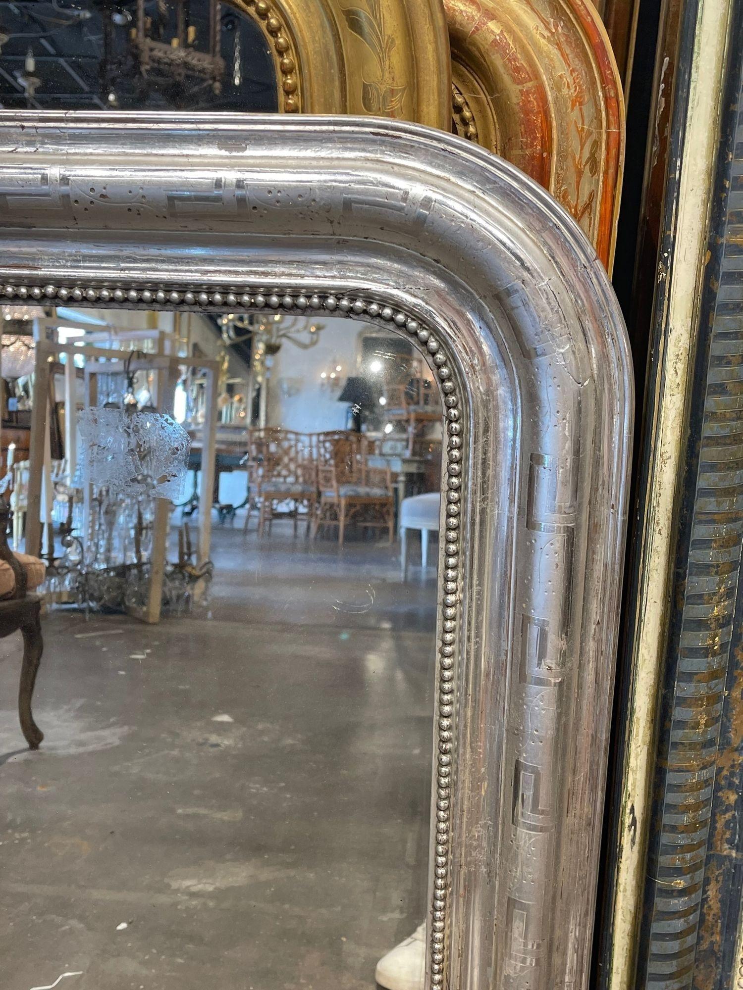 19th Century French Silver Leaf Louis Philippe Mirror with Greek Key Pattern 1
