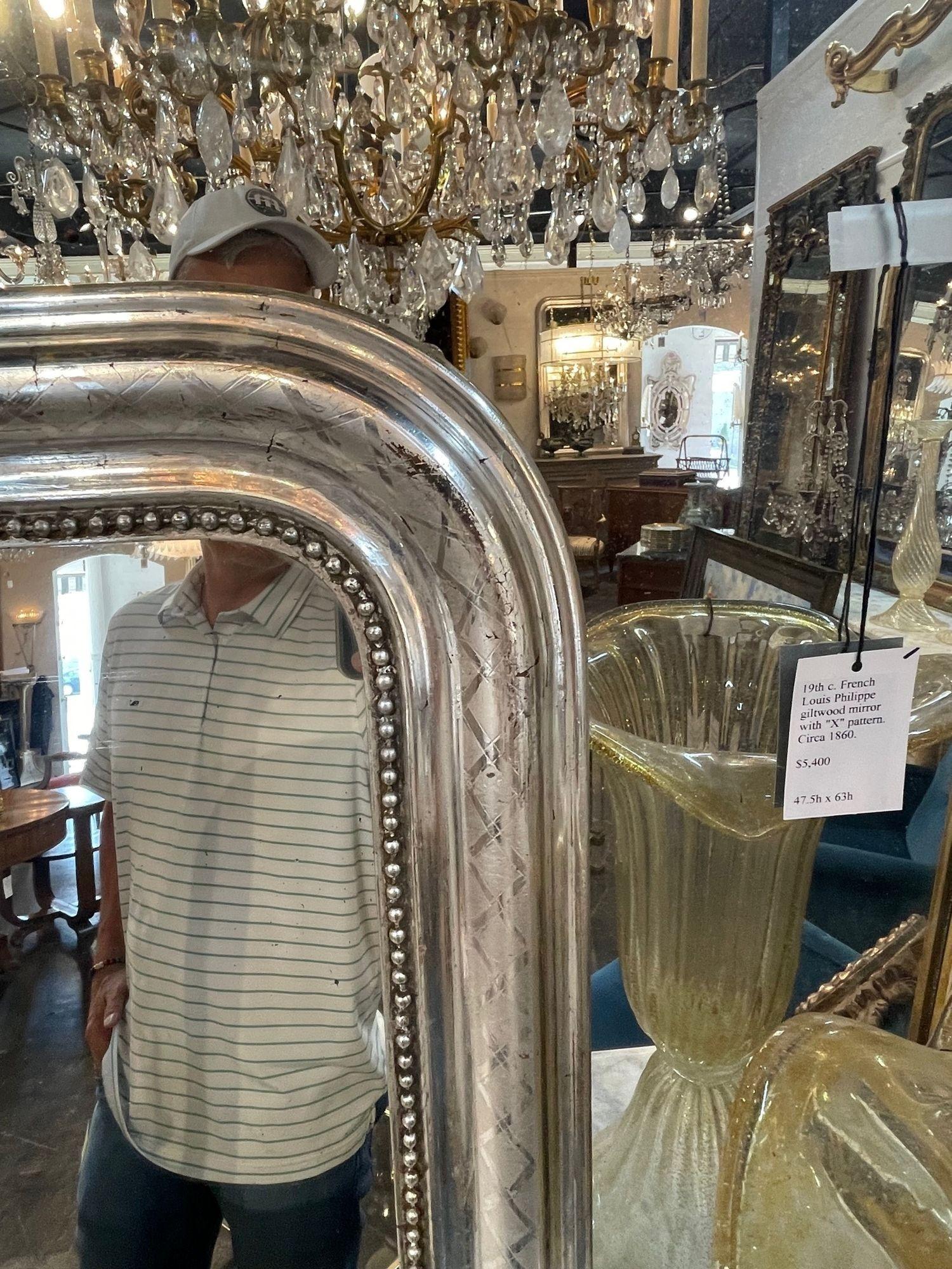 19th Century, French, Silver Leaf Louis Philippe Mirror with X Pattern 1