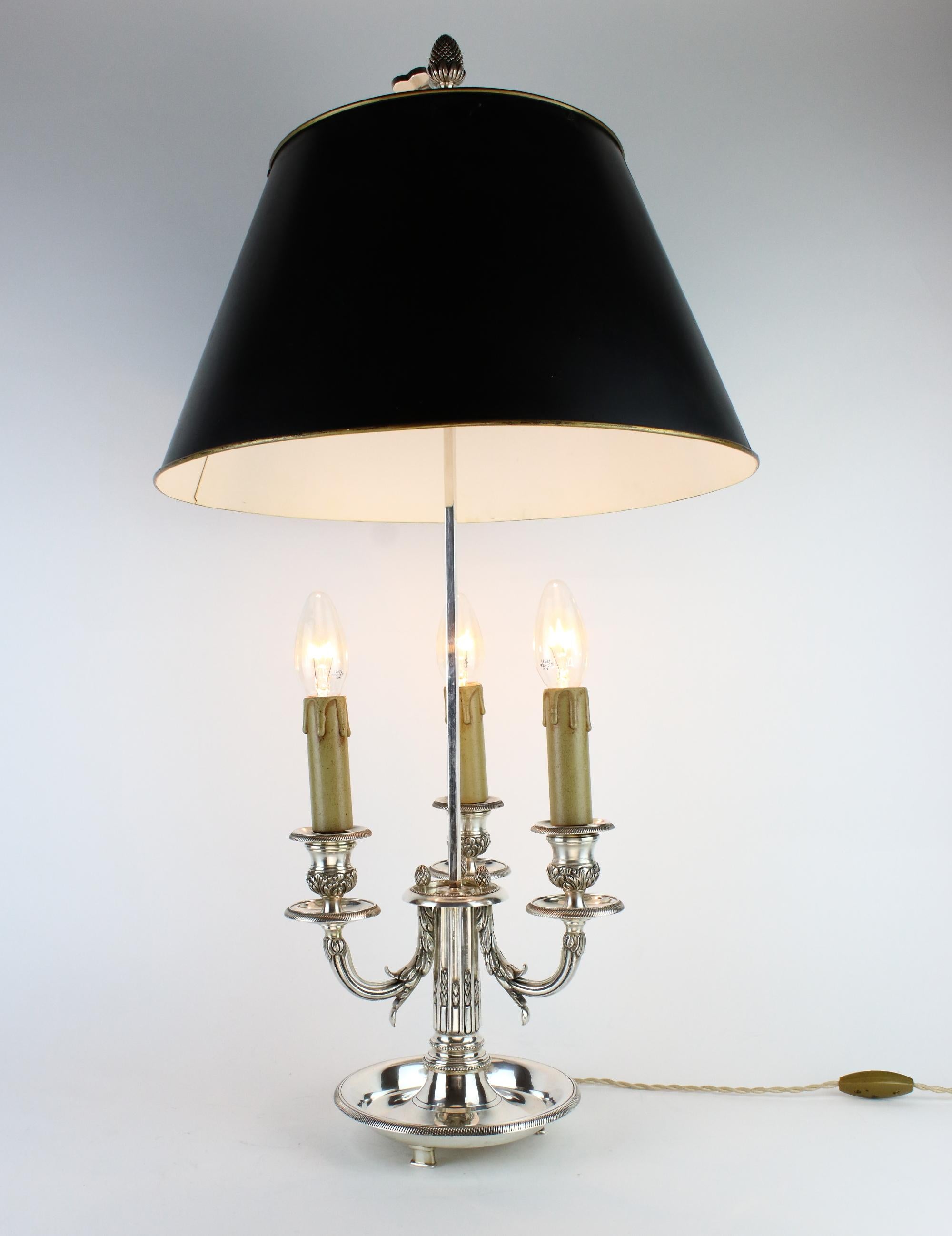 19th Century French Silver Plate Louis XVI Three-Light Bouillotte Table Lamp 7