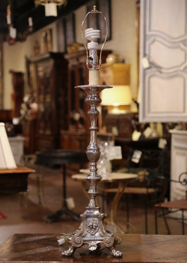 Louis XV 19th Century French Silver Plated Brass Candlestick Mounted into Table Lamp For Sale