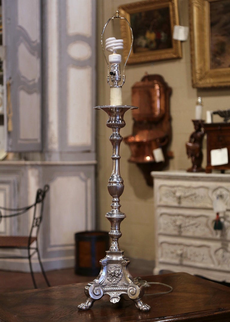 19th Century French Silver Plated Brass Candlestick Mounted into Table