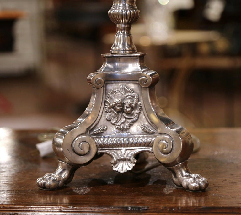 19th Century French Silver Plated Brass Candlestick Mounted into Table Lamp For Sale 3