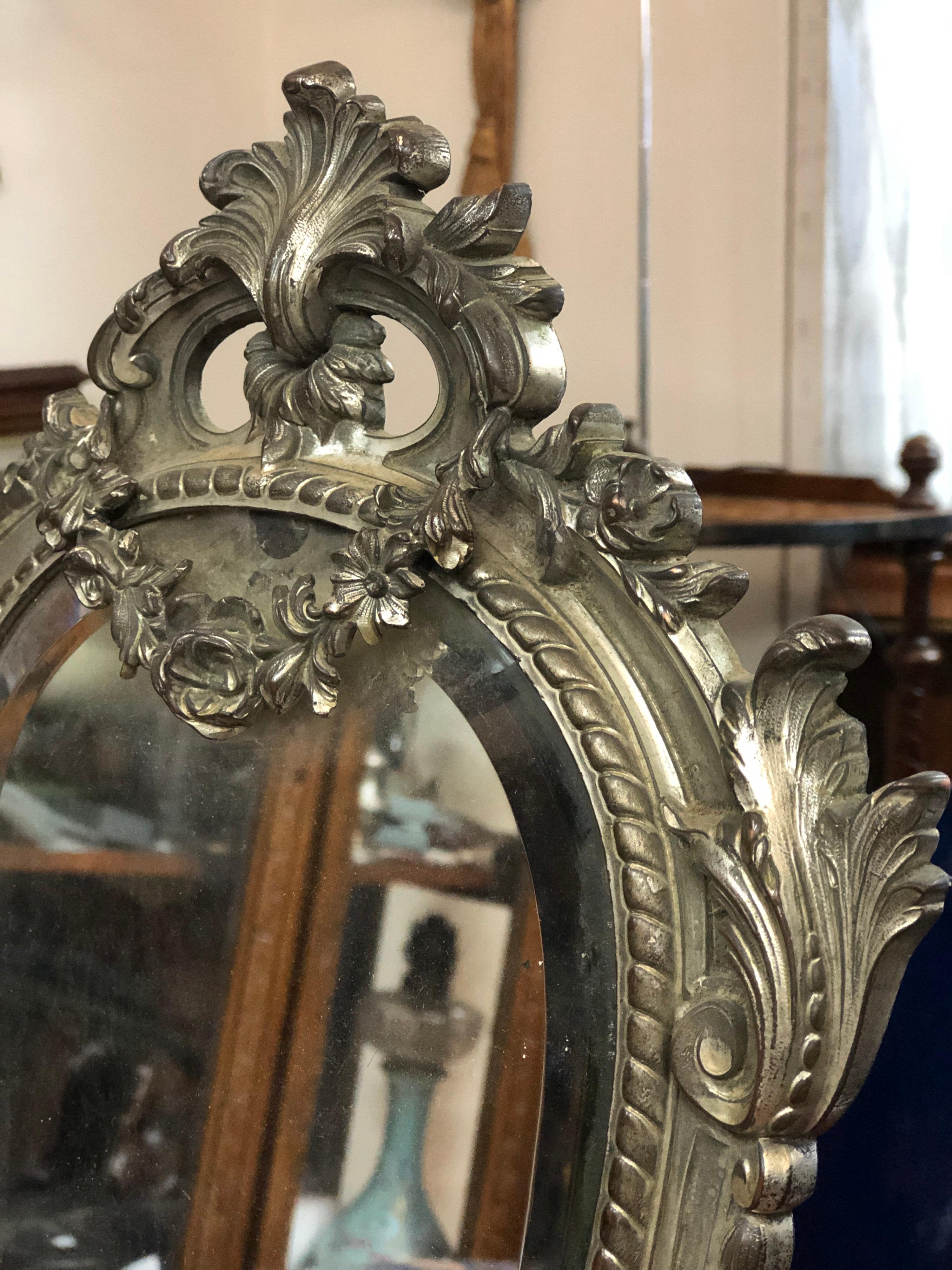 19th Century French Silver Plated Bronze Table or Vanity Mirror Louis XVI Style In Good Condition For Sale In Sofia, BG