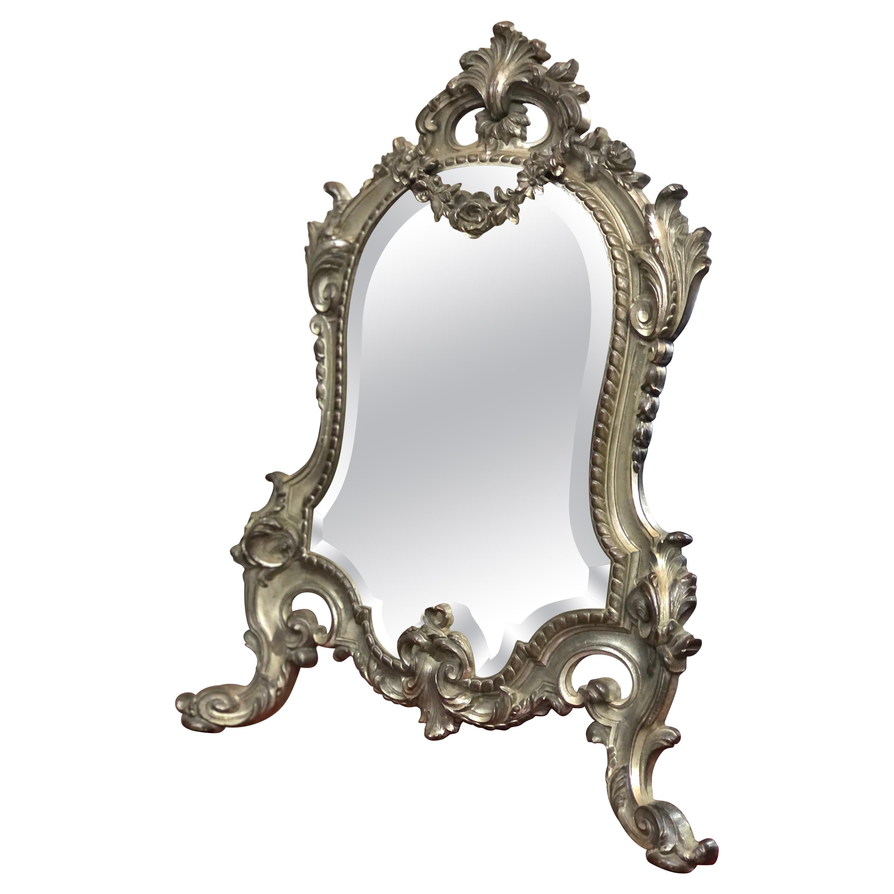19th Century French Silver Plated Bronze Table or Vanity Mirror Louis XVI Style For Sale