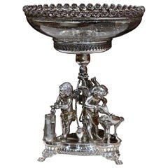 19th Century French Silver Plated Crystal Bowl Centerpiece with Cherub Figures