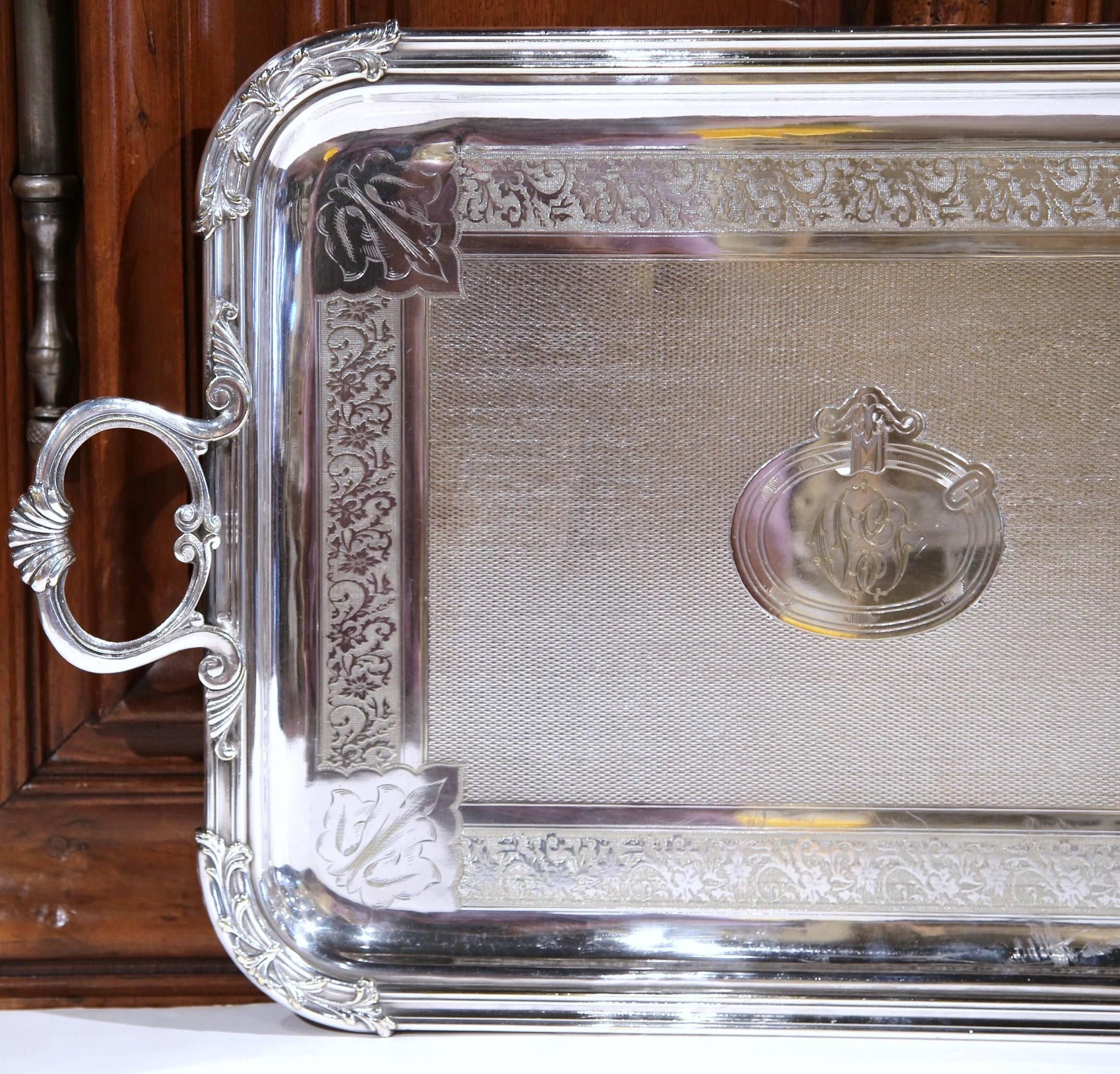Silvered 19th Century French Silver Plated Monogramed Tray Signed Pelloutier & Cie, 1894 For Sale