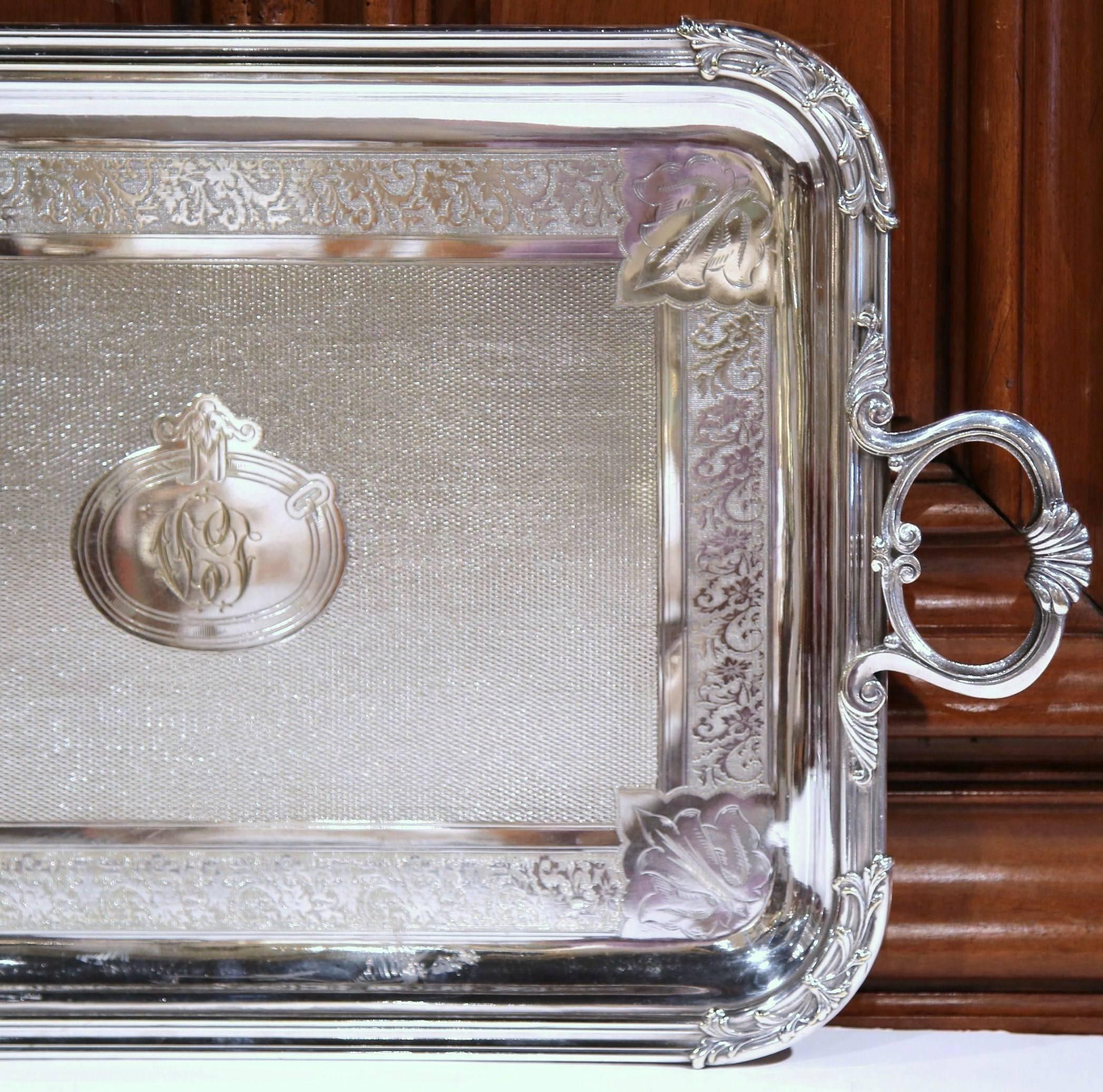 19th Century French Silver Plated Monogramed Tray Signed Pelloutier & Cie, 1894 In Excellent Condition For Sale In Dallas, TX