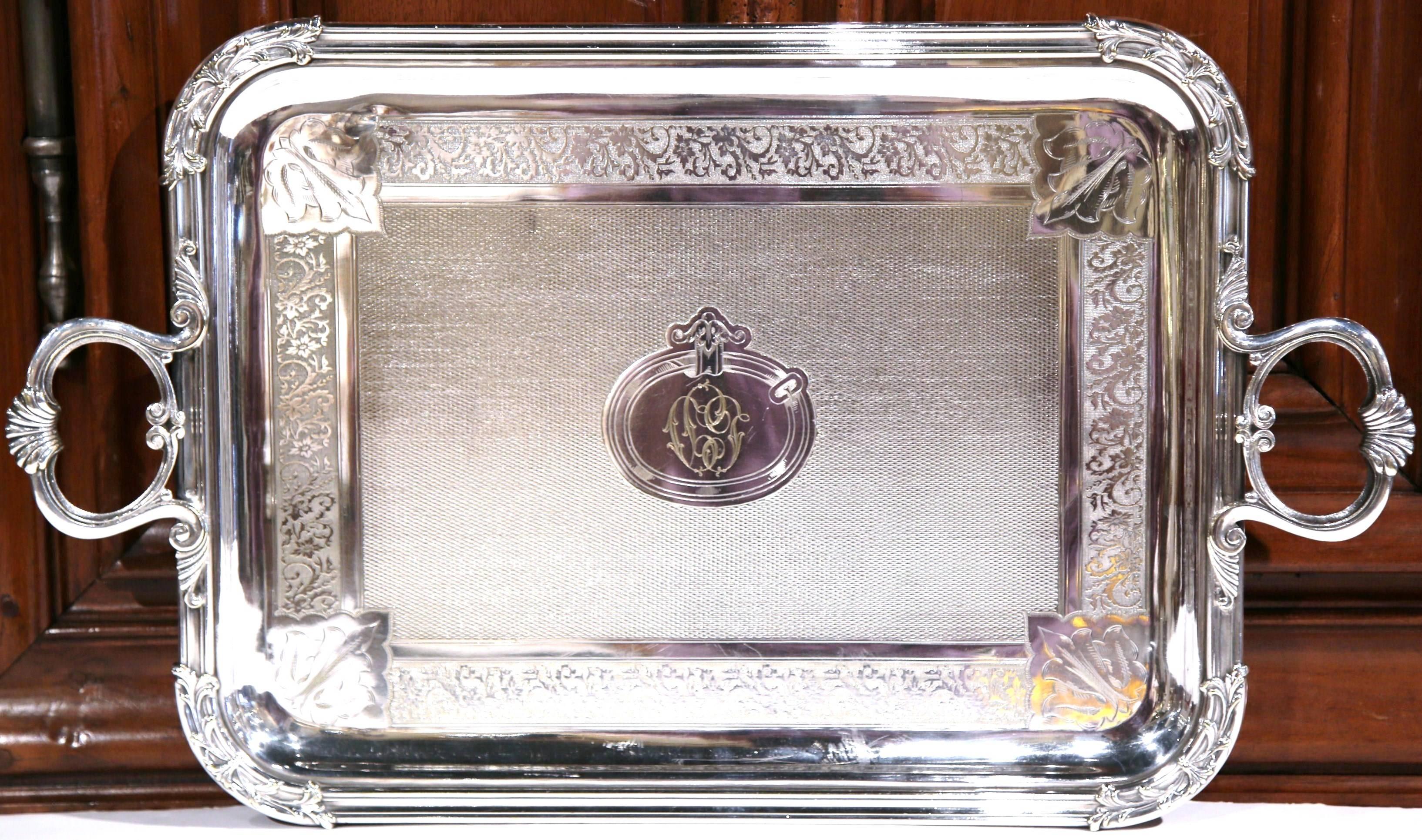 19th Century French Silver Plated Monogramed Tray Signed Pelloutier & Cie, 1894 For Sale 1