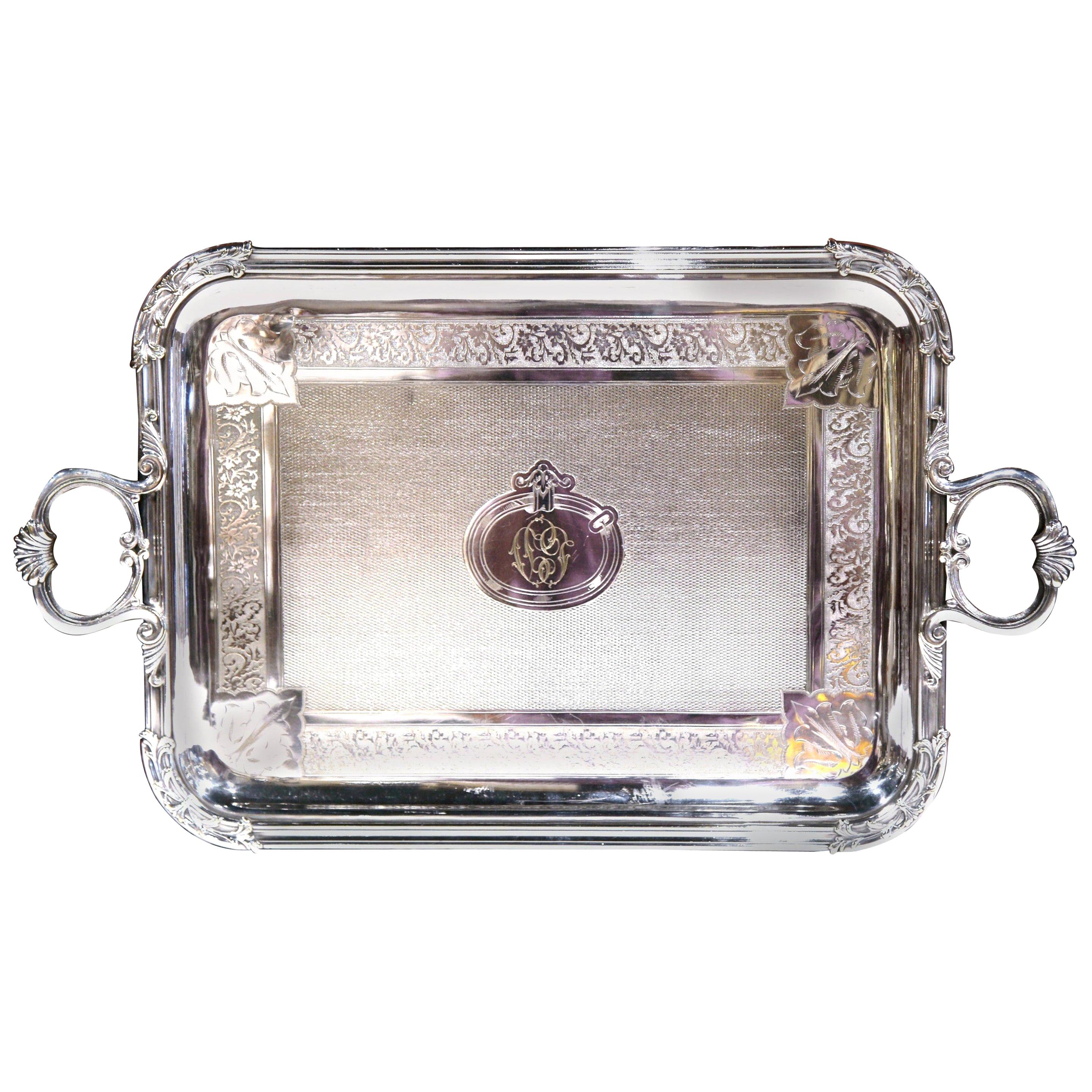 19th Century French Silver Plated Monogramed Tray Signed Pelloutier & Cie, 1894 For Sale
