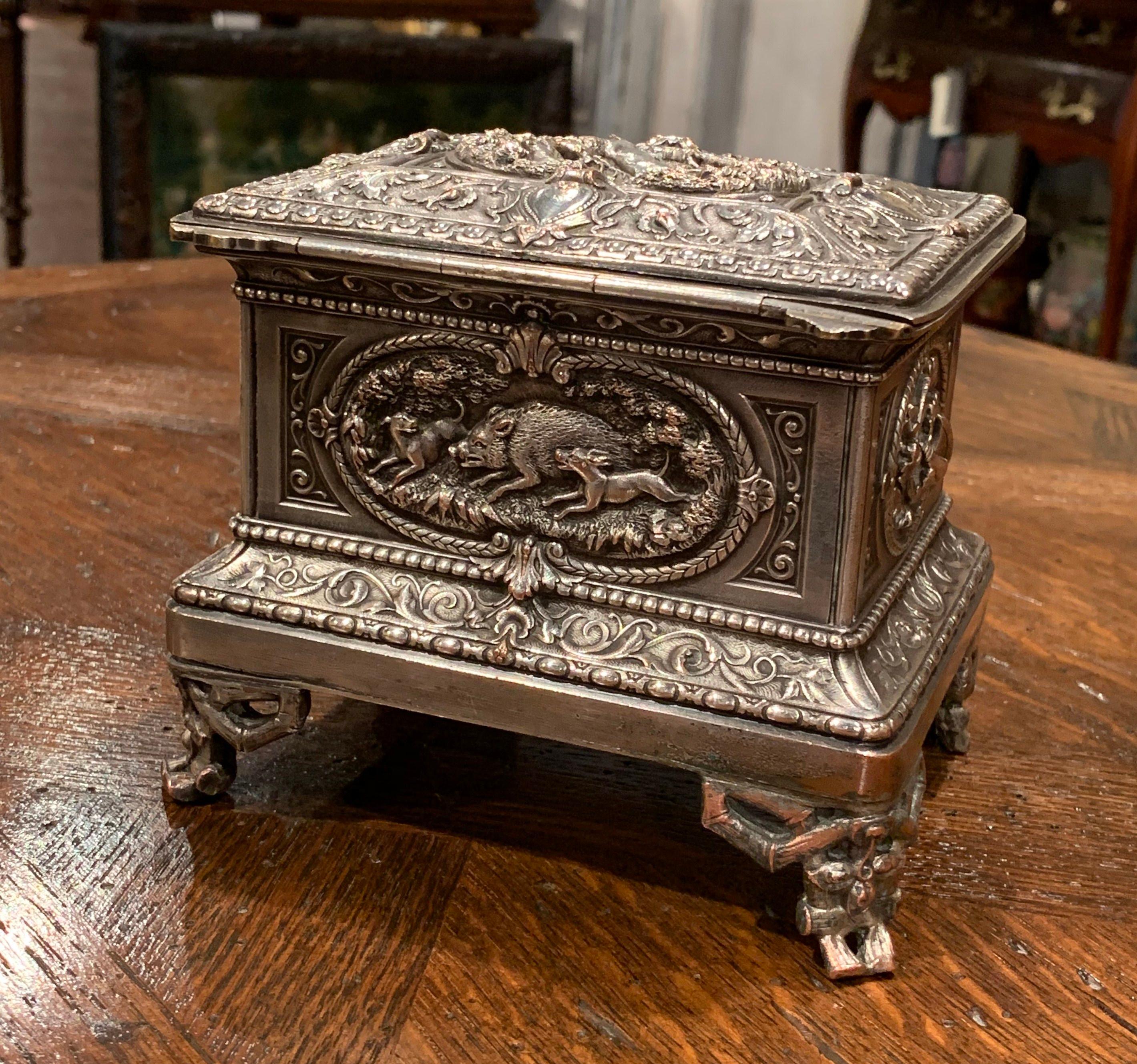 19th Century French Silver Plated on Copper Jewelry Box with Repoussé Hunt Motif 6