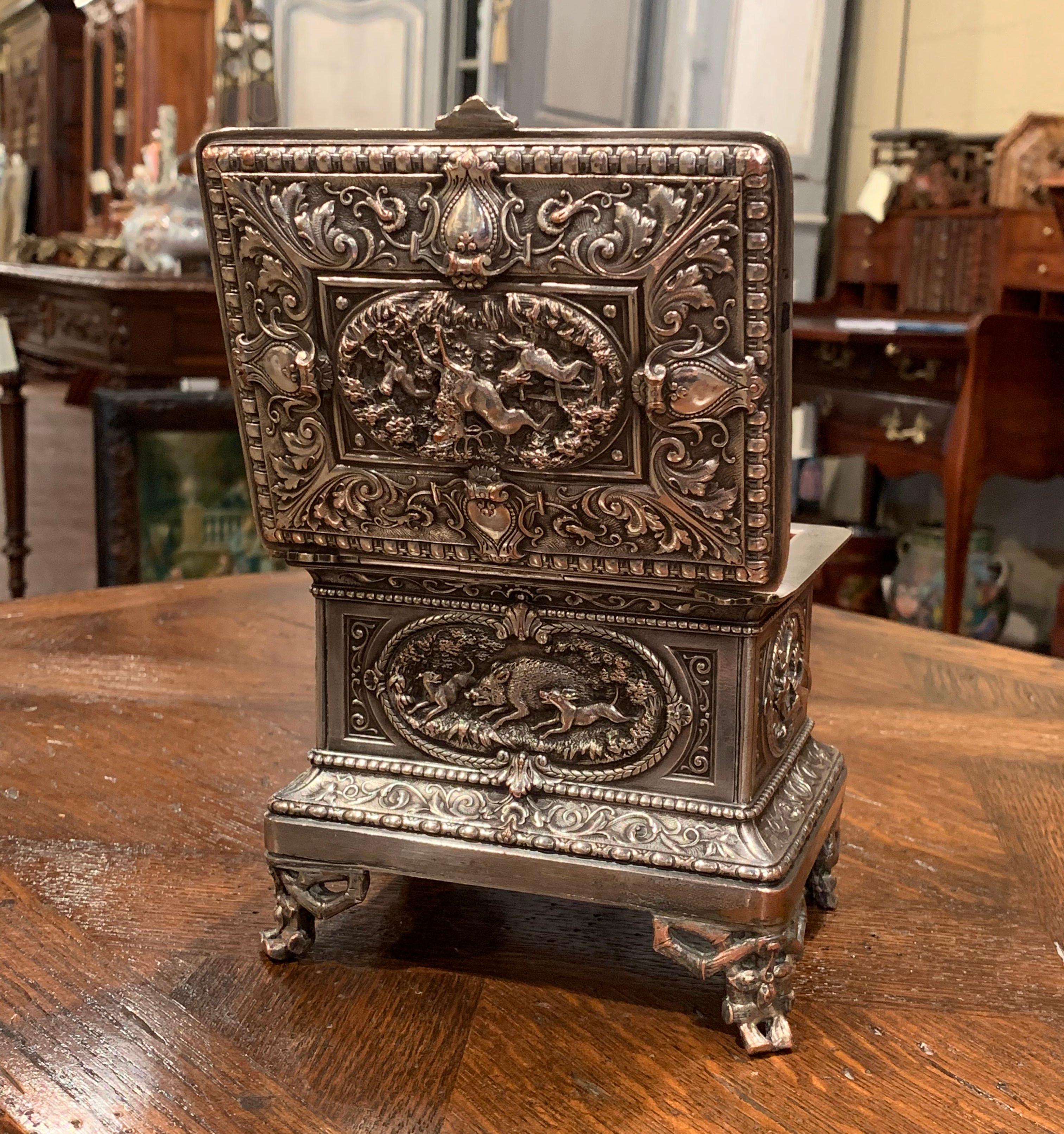 19th Century French Silver Plated on Copper Jewelry Box with Repoussé Hunt Motif 7