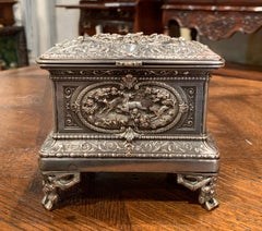 19th Century French Silver Plated on Copper Jewelry Box with Repoussé Hunt Motif