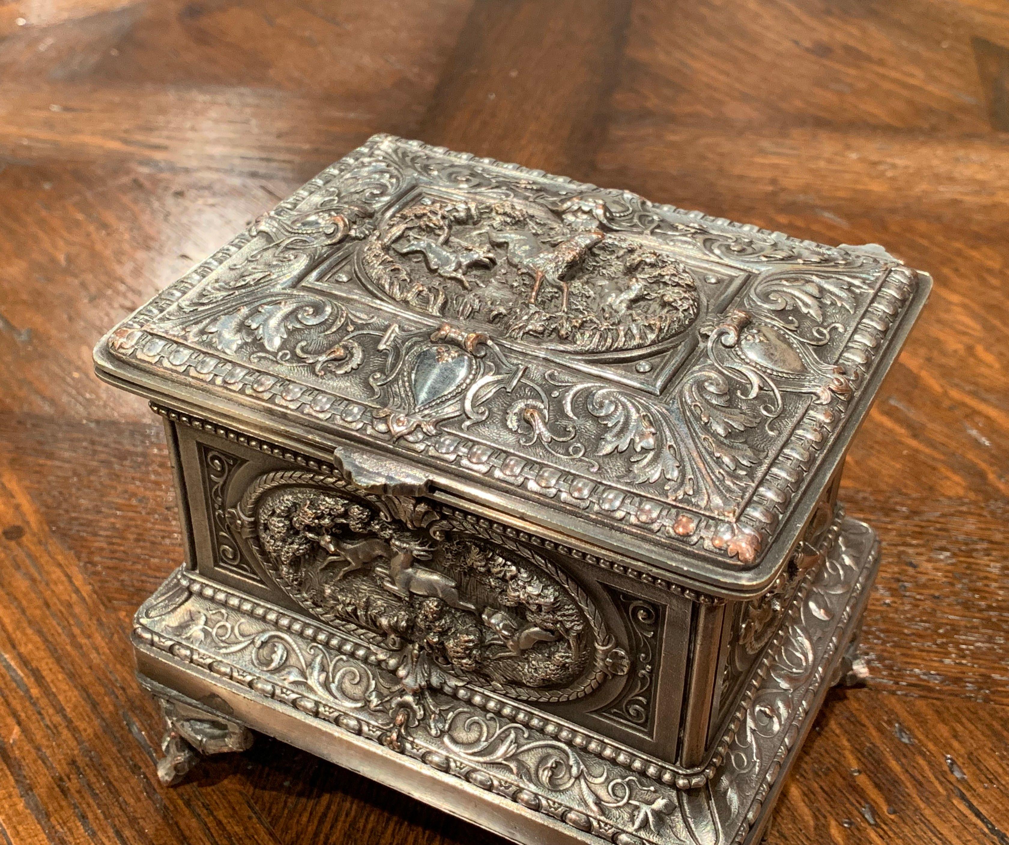 Napoleon III 19th Century French Silver Plated on Copper Jewelry Box with Repoussé Hunt Motif