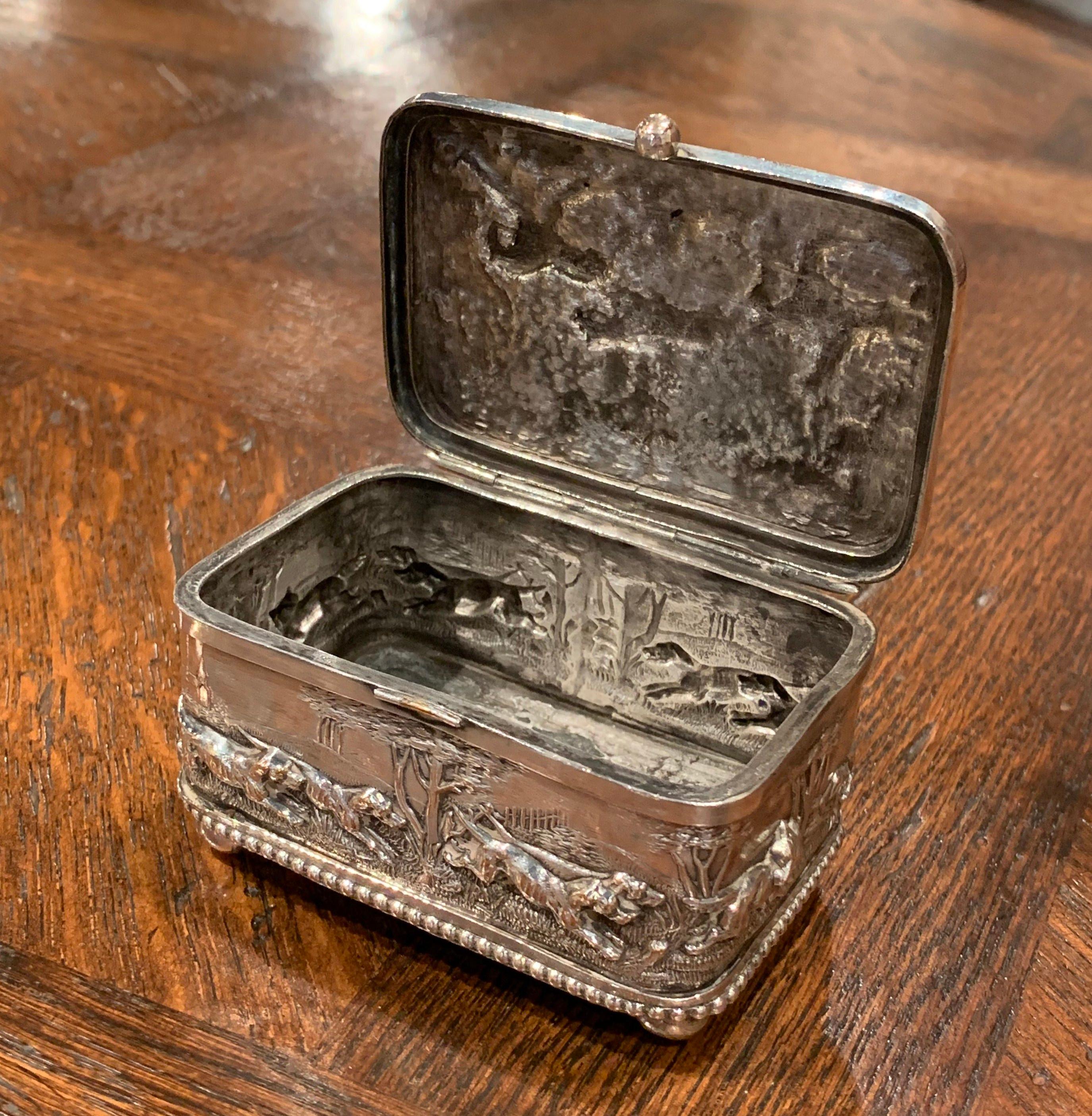 Hand-Carved 19th Century French Silver Plated on Copper Jewelry Box with Repoussé Hunt Motif