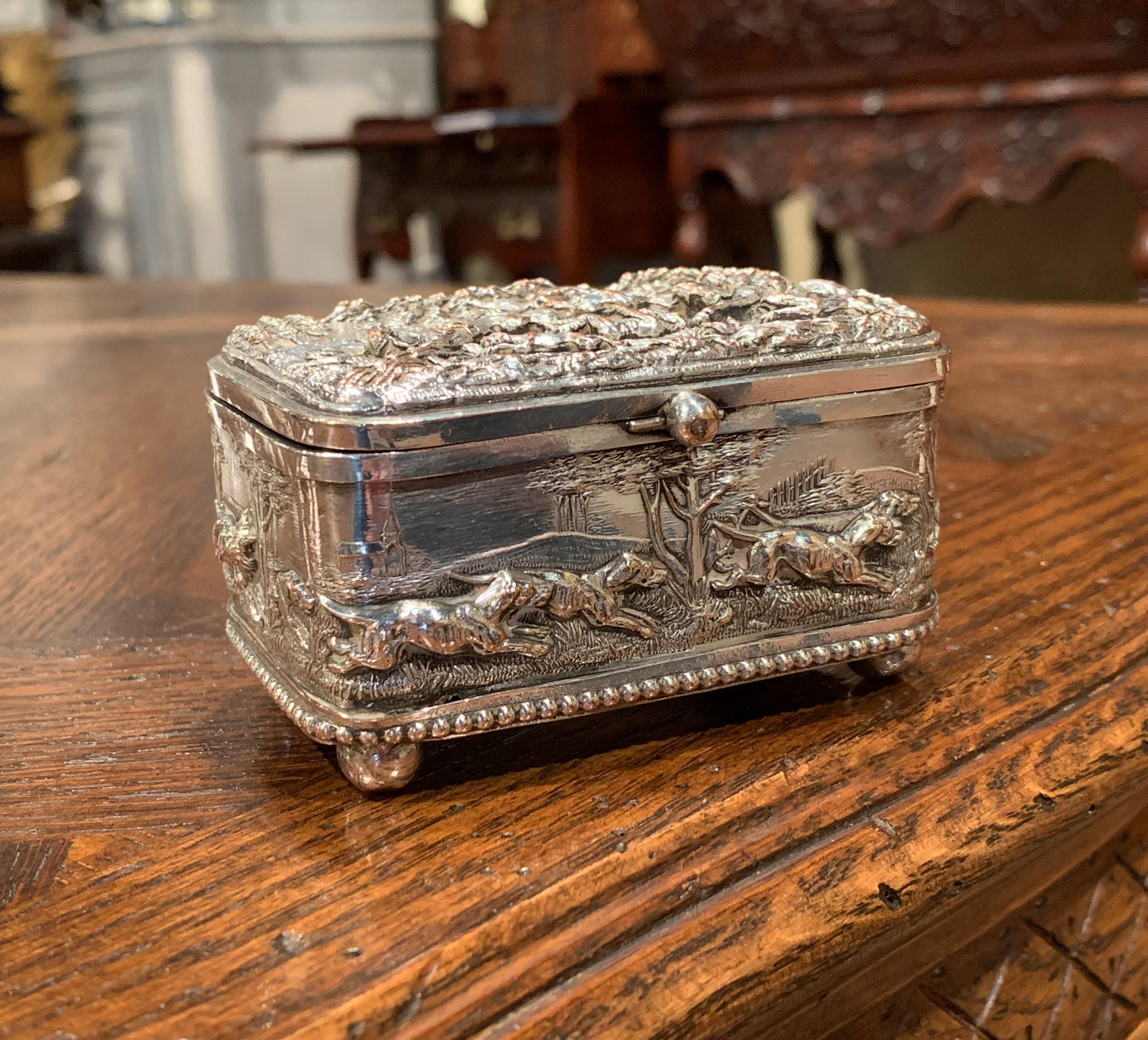 19th Century French Silver Plated on Copper Jewelry Box with Repoussé Hunt Motif 1