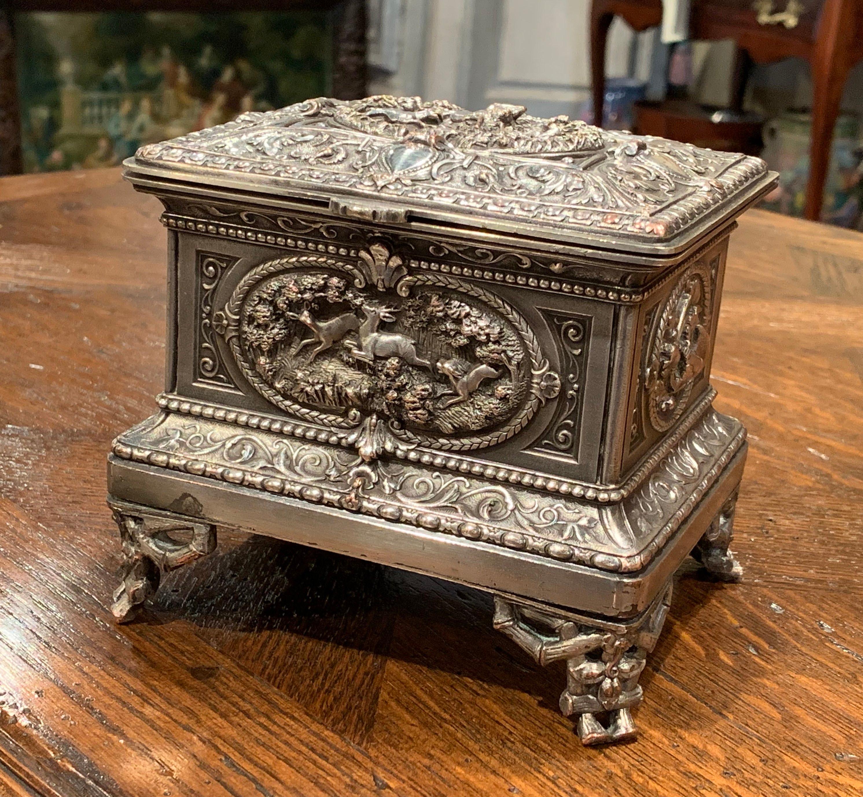 Hand-Carved 19th Century French Silver Plated on Copper Jewelry Box with Repoussé Hunt Motif