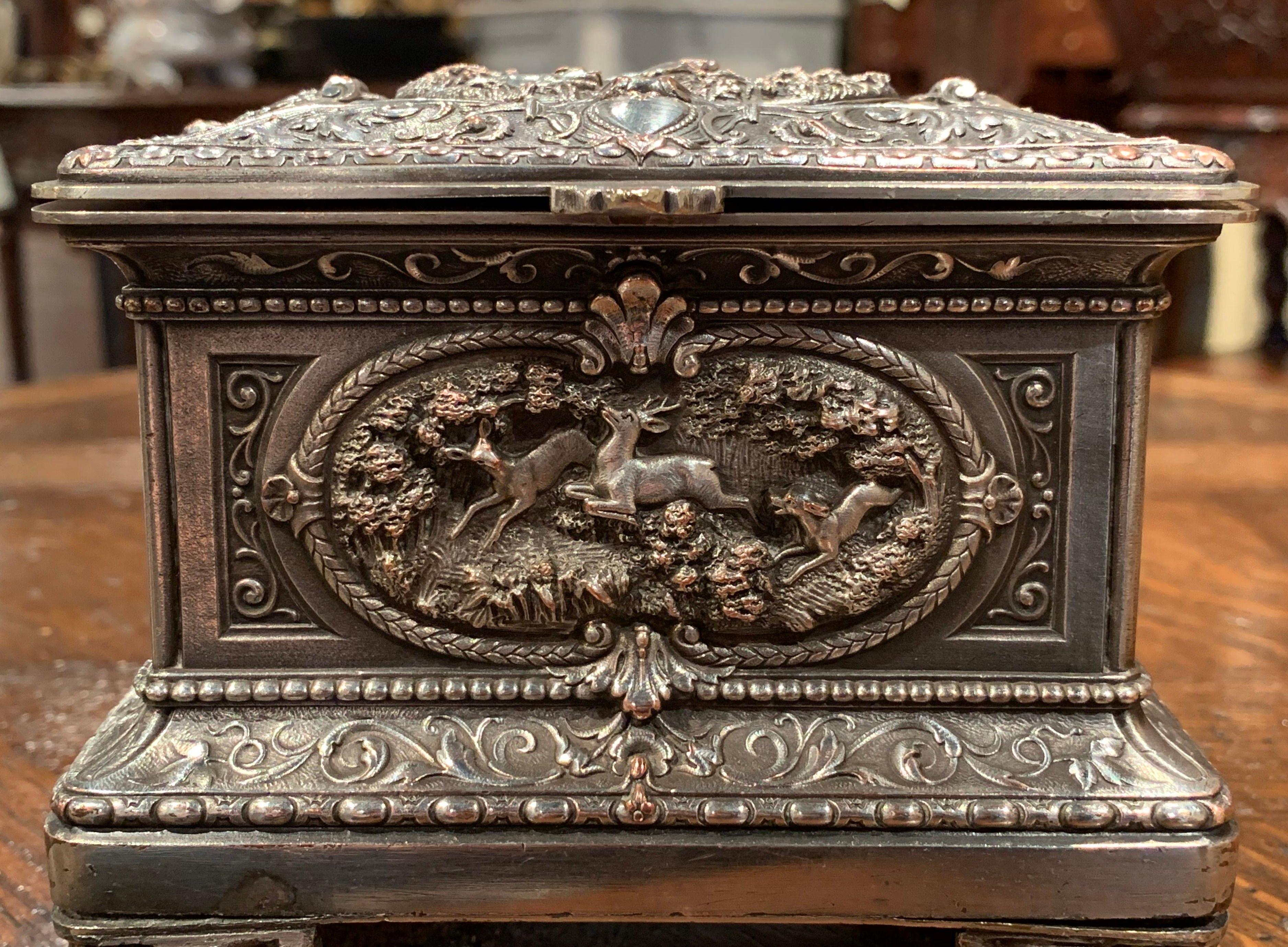 19th Century French Silver Plated on Copper Jewelry Box with Repoussé Hunt Motif 3