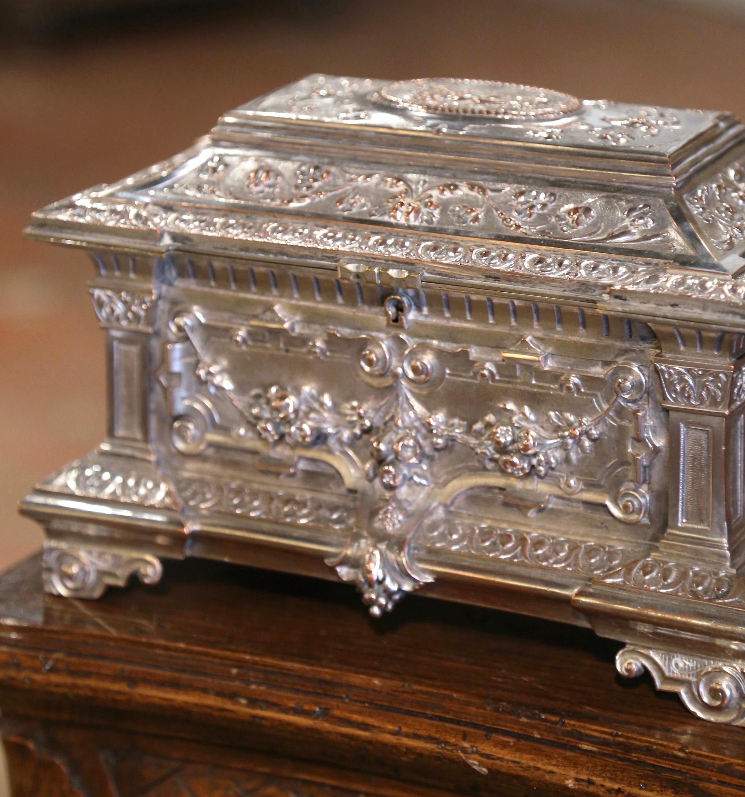 Napoleon III 19th Century French Silver Plated over Bronze Jewelry Box with Repousse Motifs For Sale