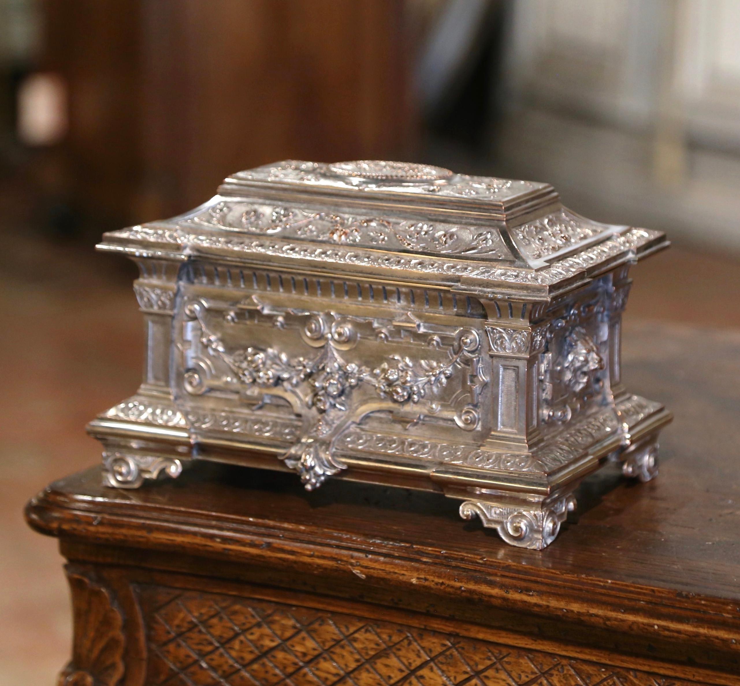 19th Century French Silver Plated over Bronze Jewelry Box with Repousse Motifs For Sale 4