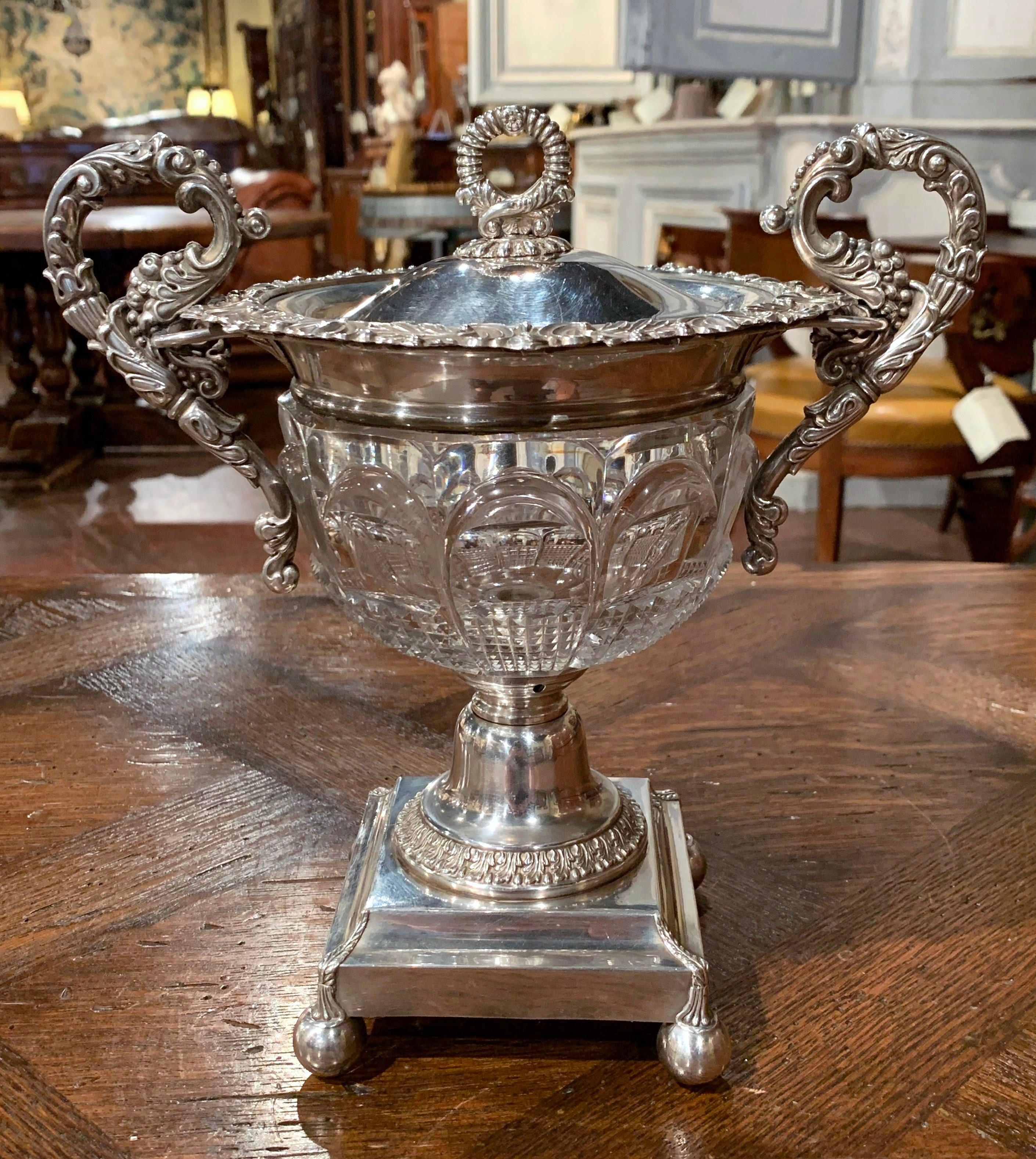 Napoleon III 19th Century French Silver Plated over Copper and Crystal Sugar or Candy Bowl For Sale