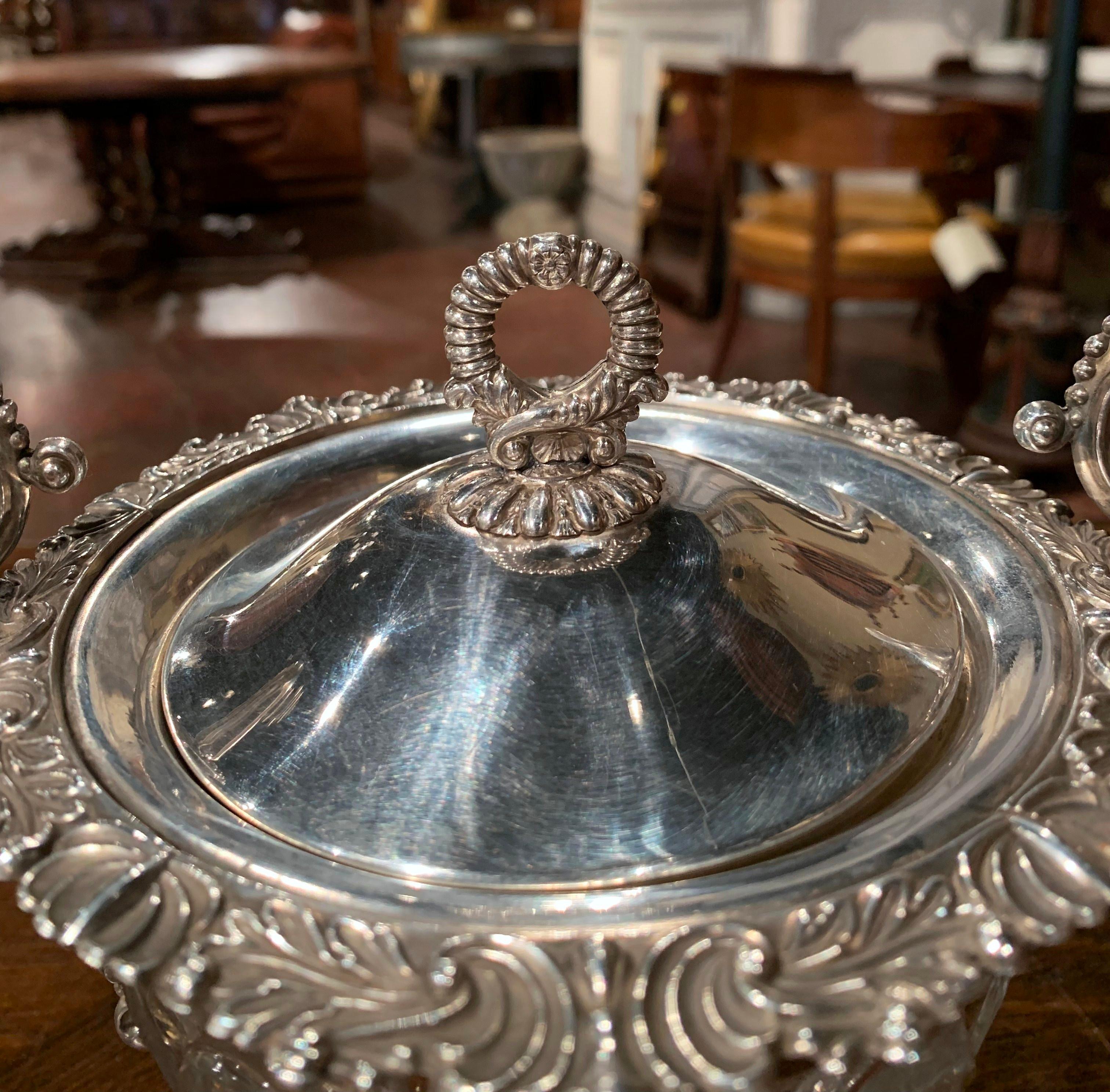 Hand-Crafted 19th Century French Silver Plated over Copper and Crystal Sugar or Candy Bowl For Sale