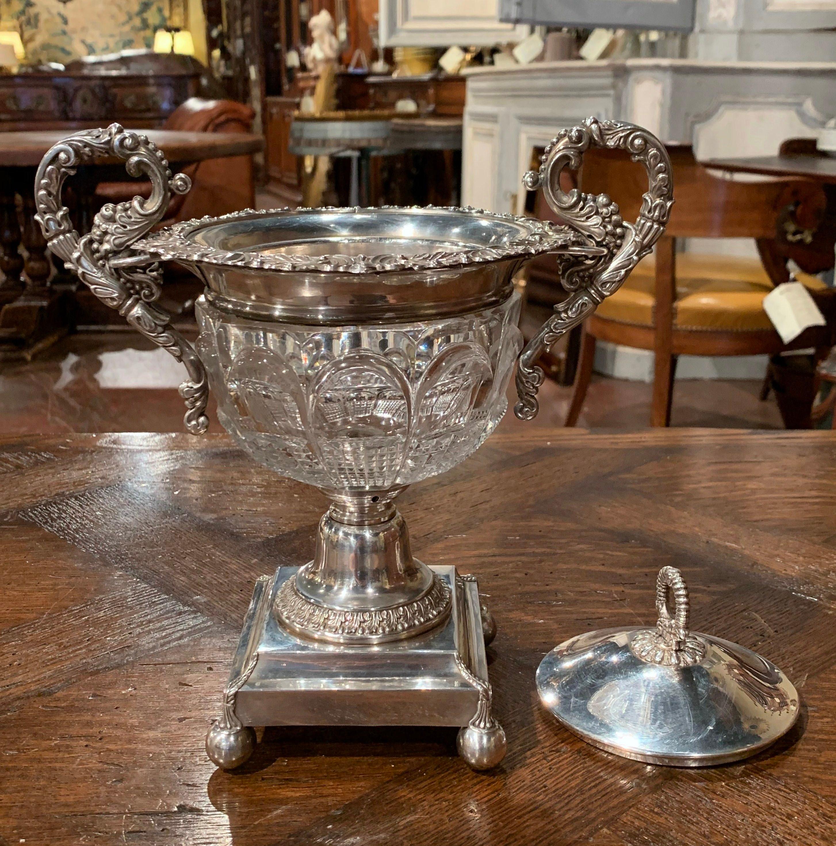 19th Century French Silver Plated over Copper and Crystal Sugar or Candy Bowl In Excellent Condition For Sale In Dallas, TX
