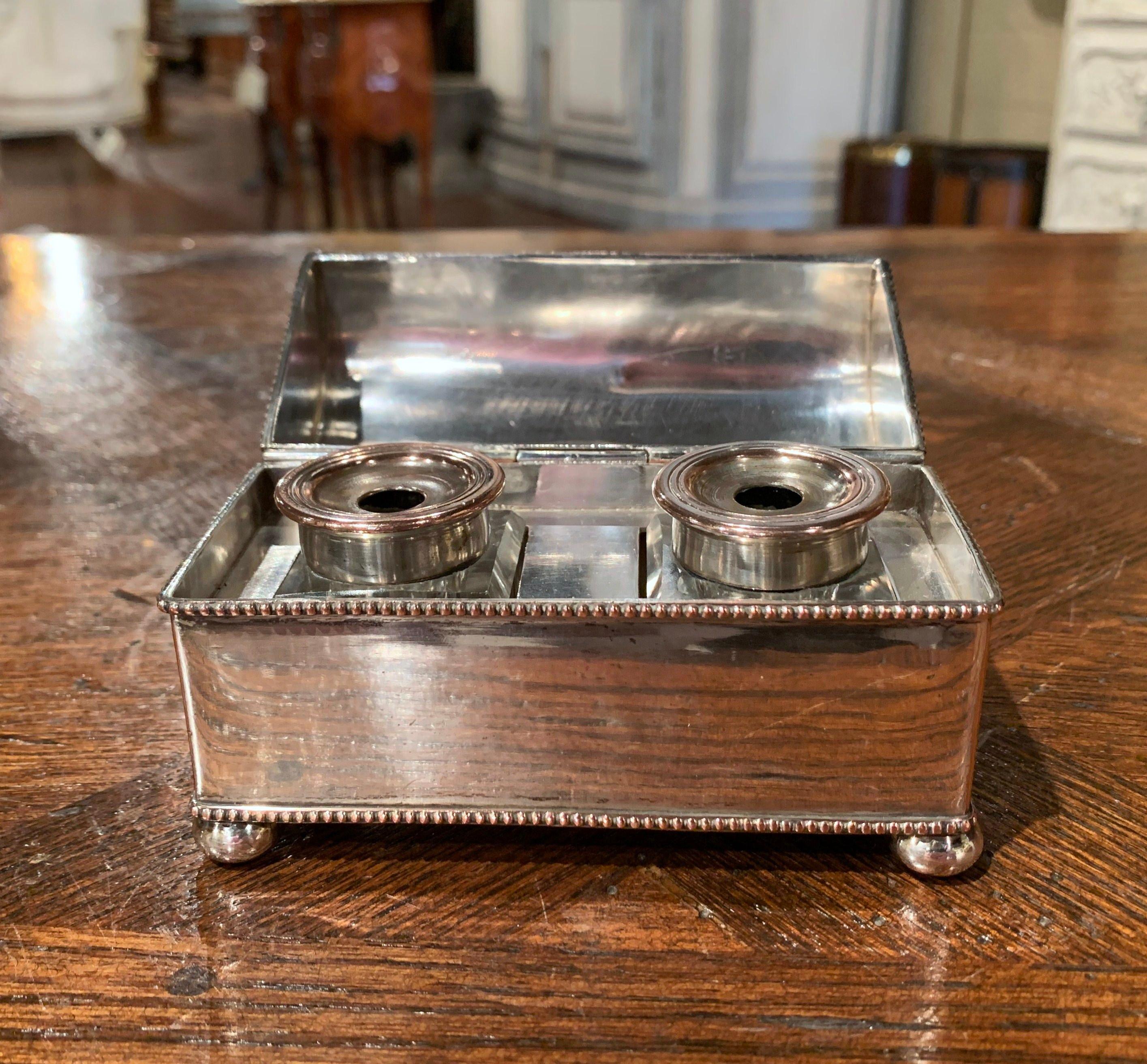 19th Century French Silver Plated over Copper Casket Inkwell 1