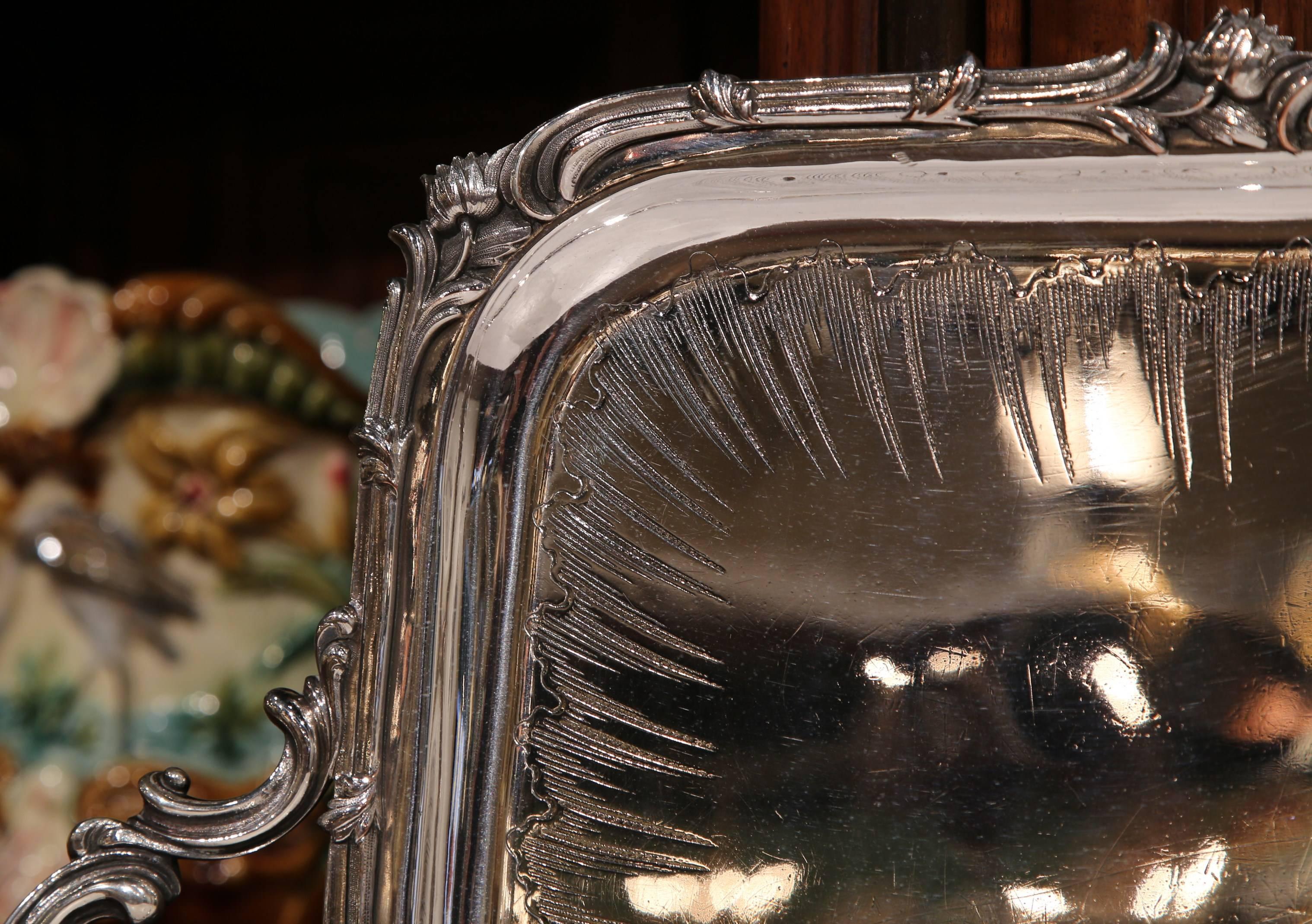 Silvered 19th Century French Silver Plated Repousse Tray with Engraving Signed Christofle For Sale