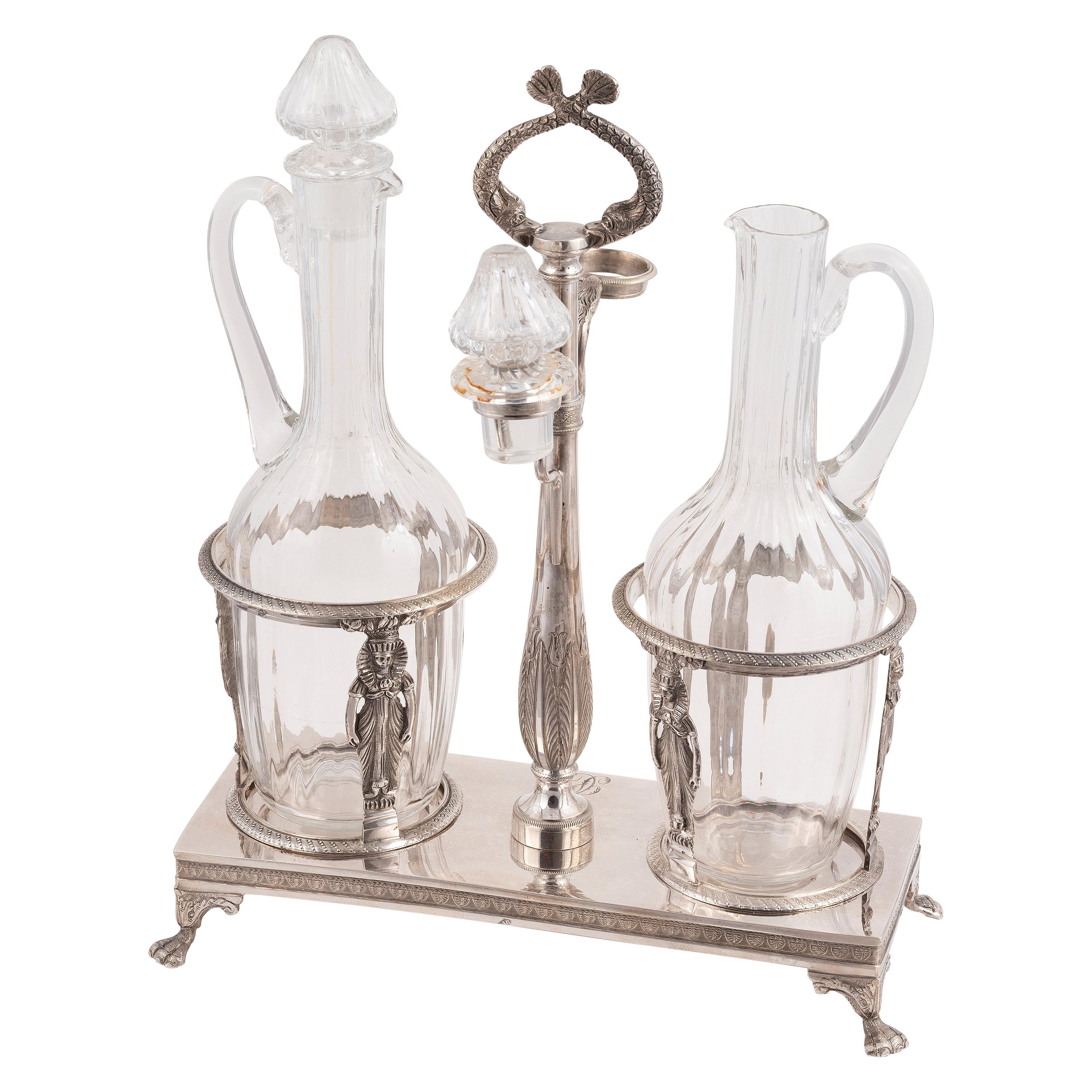 19th Century French Silver Two-Bottle Cruet Stand For Sale