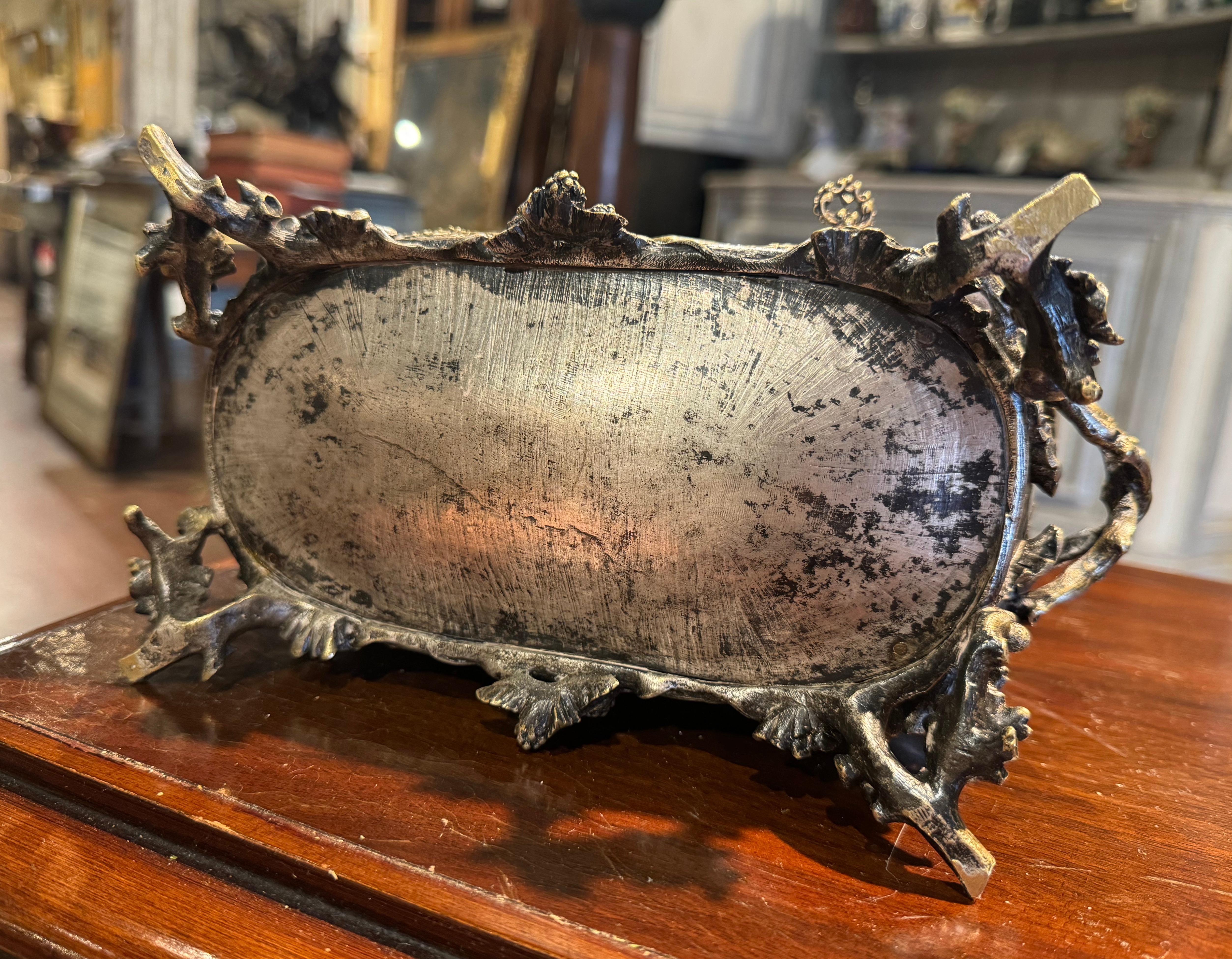 19th Century French Silvered Bronze Casket with Hunt Animals Signed A. Cain For Sale 7