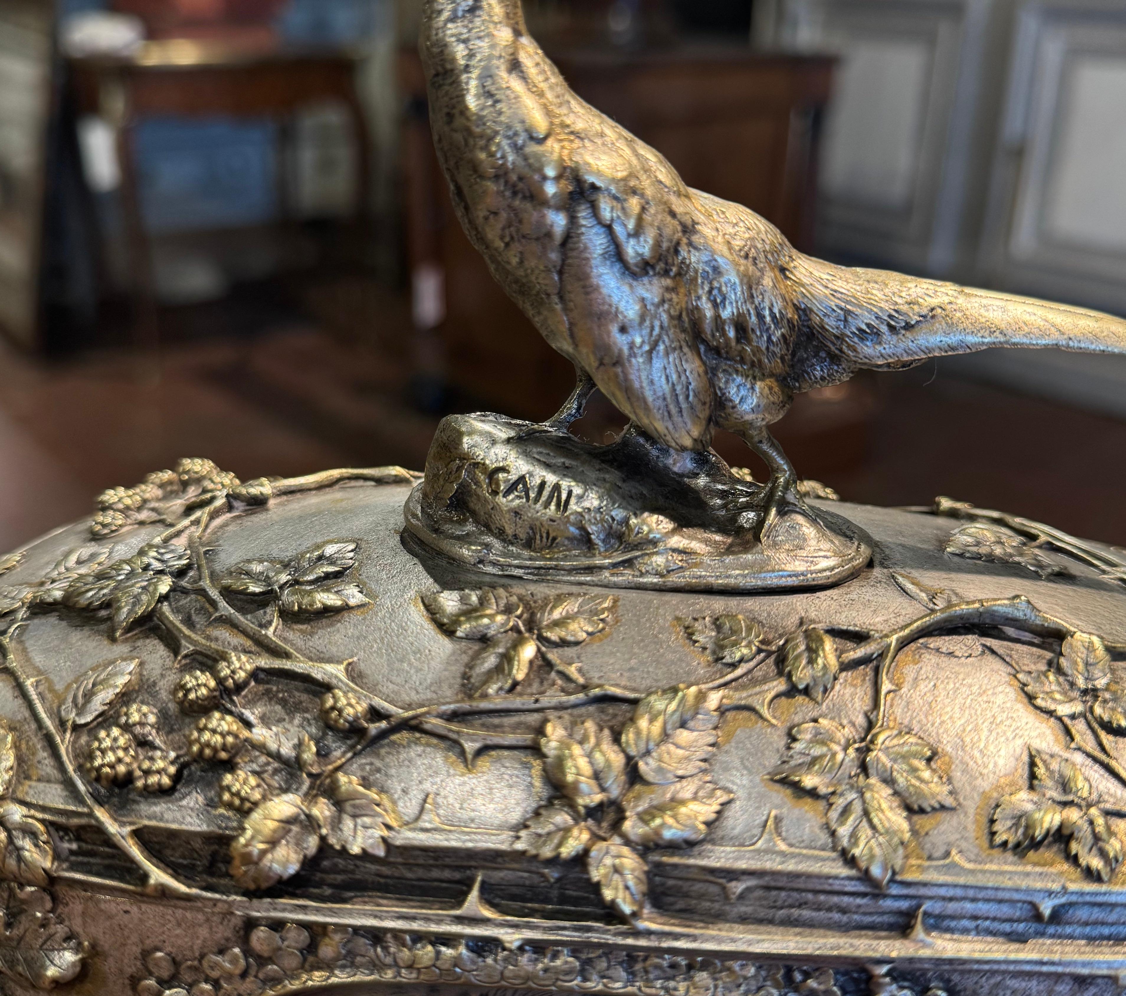 Hand-Crafted 19th Century French Silvered Bronze Casket with Hunt Animals Signed A. Cain For Sale
