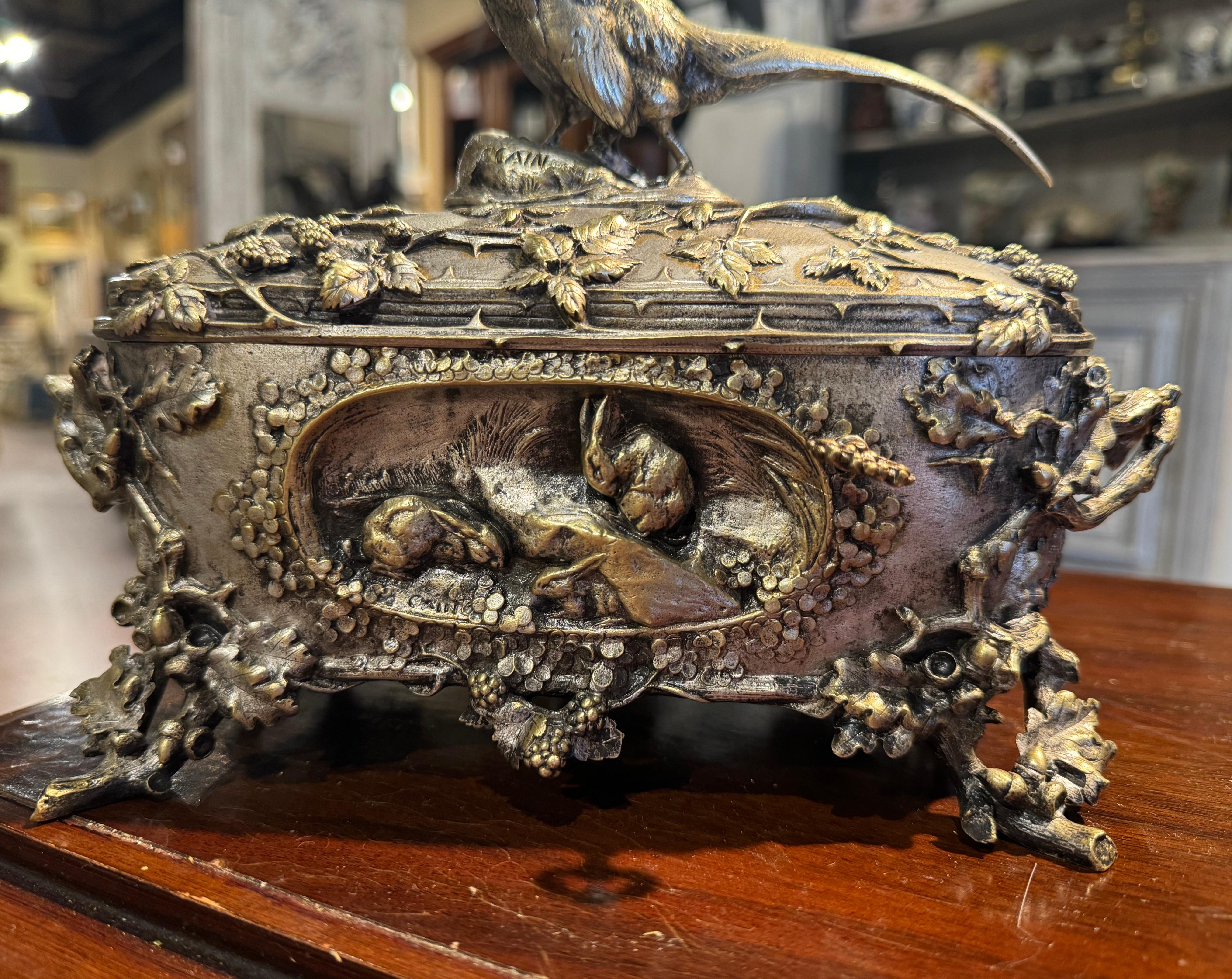 19th Century French Silvered Bronze Casket with Hunt Animals Signed A. Cain In Excellent Condition For Sale In Dallas, TX