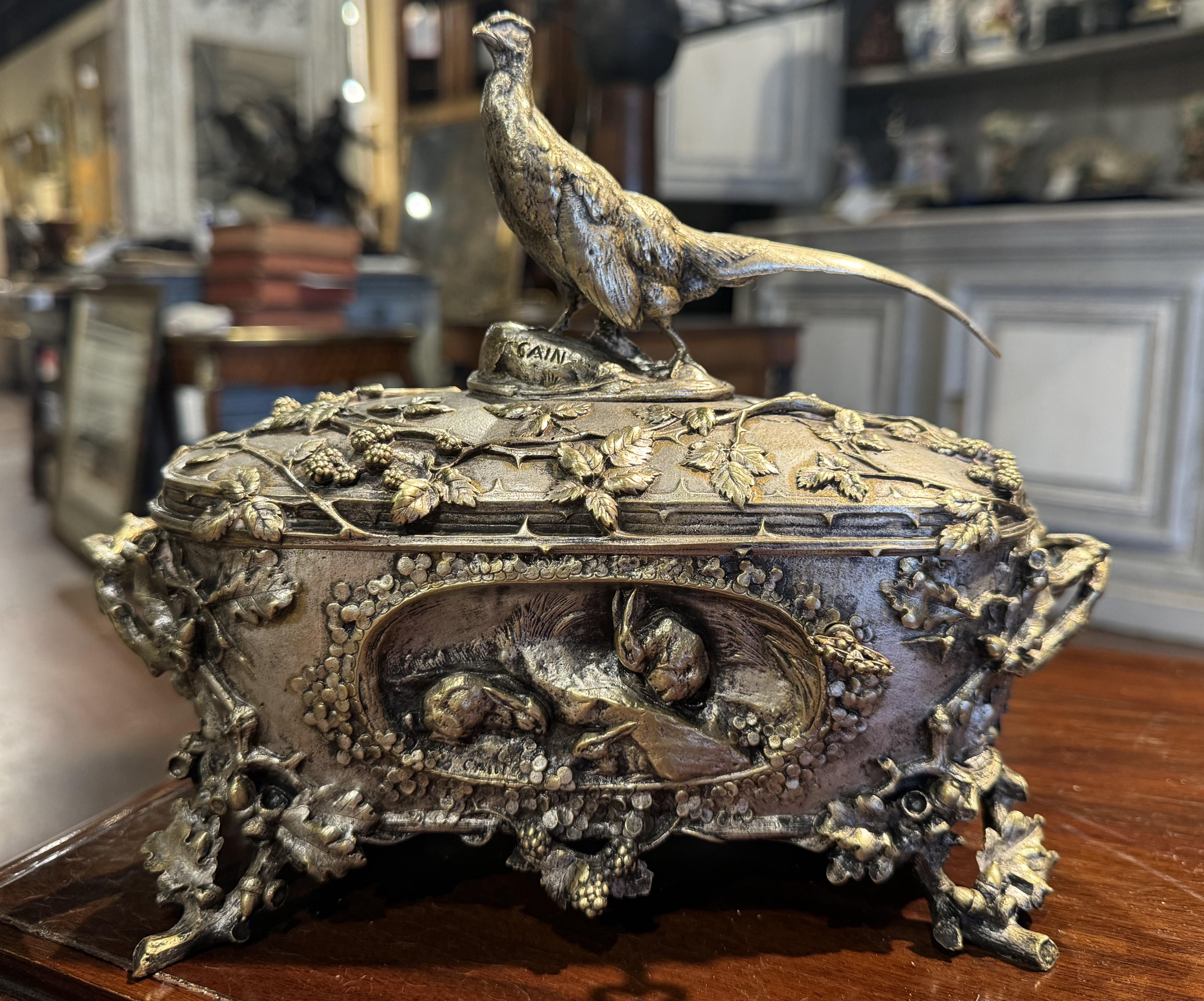 19th Century French Silvered Bronze Casket with Hunt Animals Signed A. Cain For Sale 1