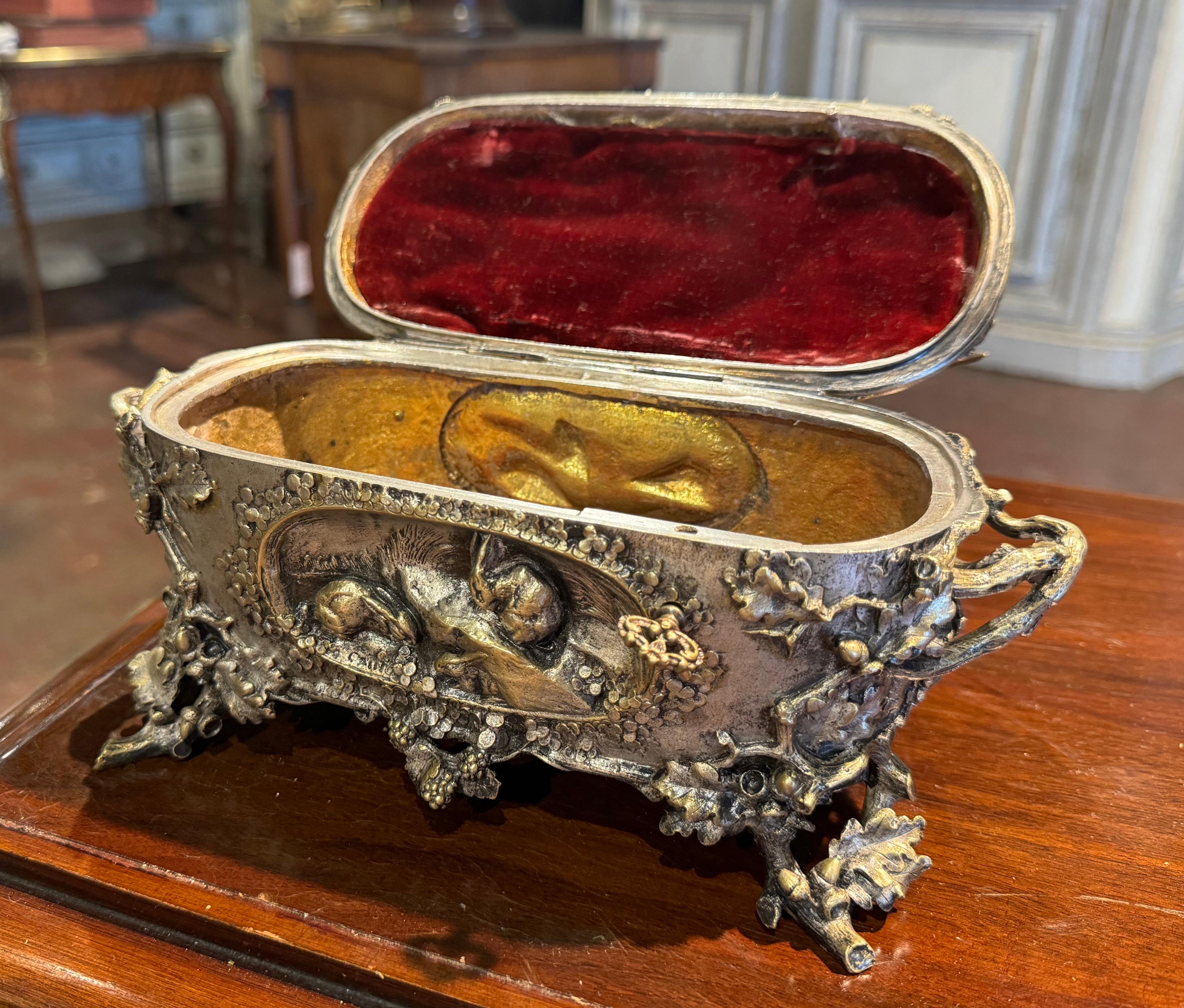 19th Century French Silvered Bronze Casket with Hunt Animals Signed A. Cain For Sale 2