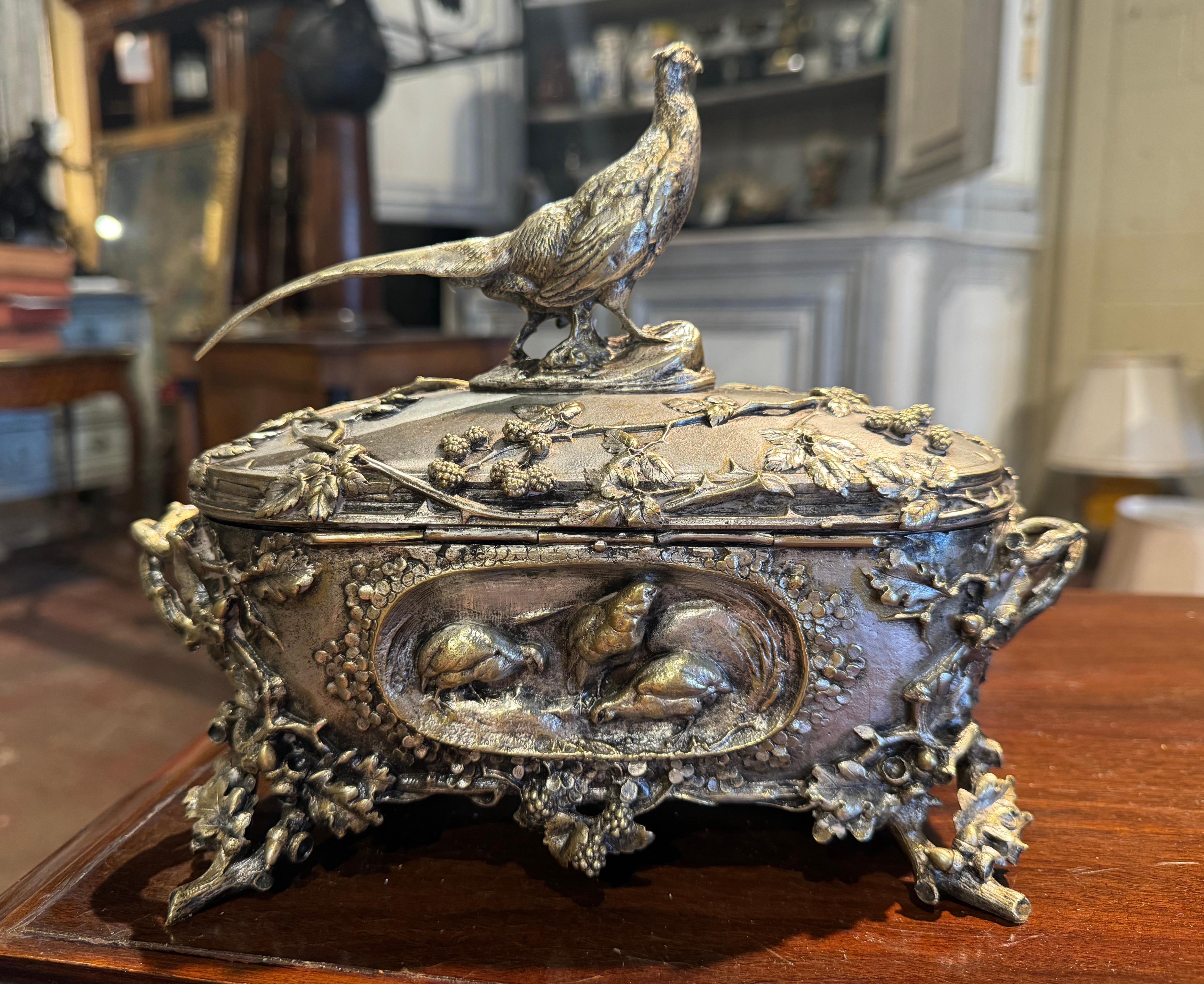 19th Century French Silvered Bronze Casket with Hunt Animals Signed A. Cain For Sale 4