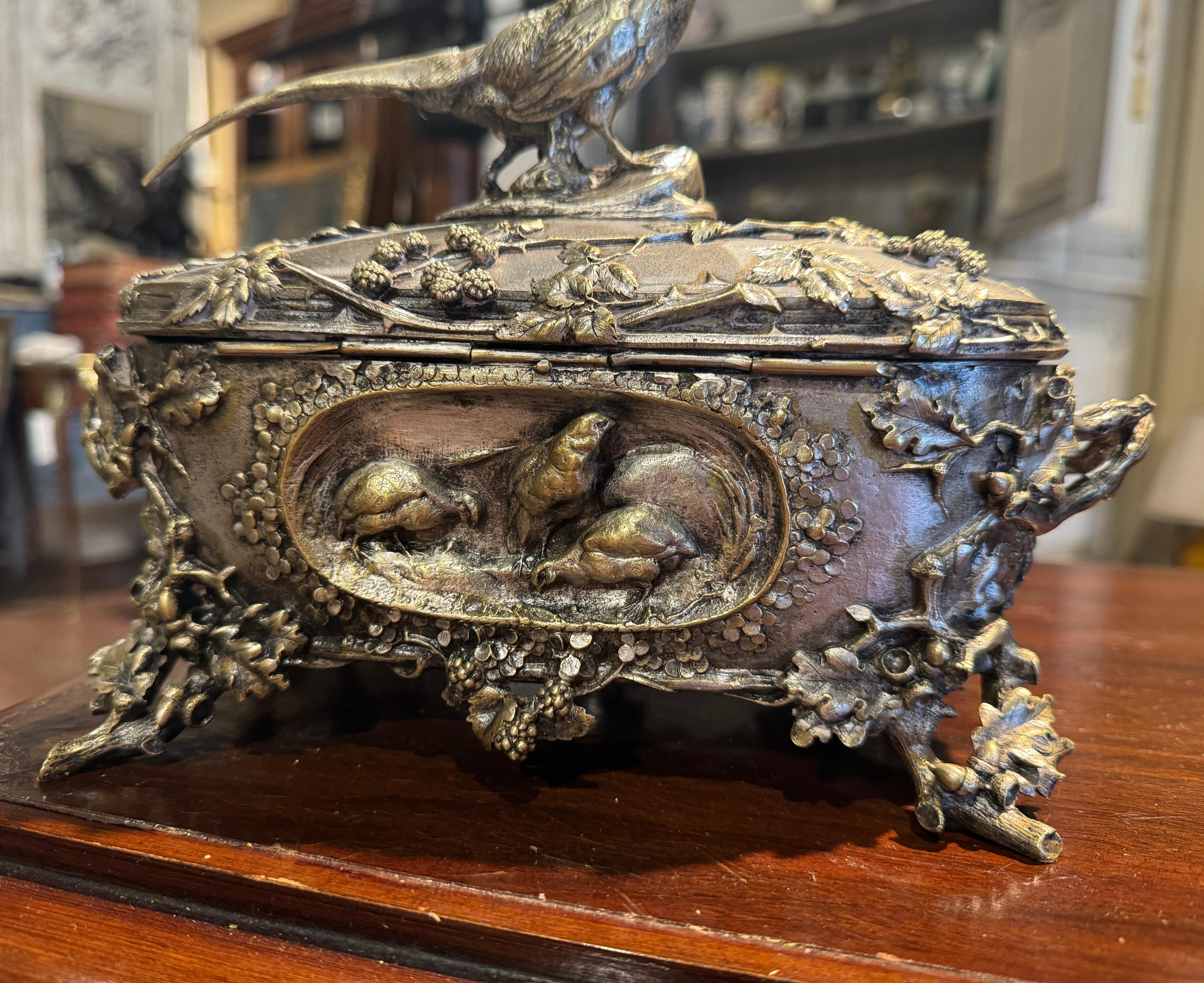 19th Century French Silvered Bronze Casket with Hunt Animals Signed A. Cain For Sale 5